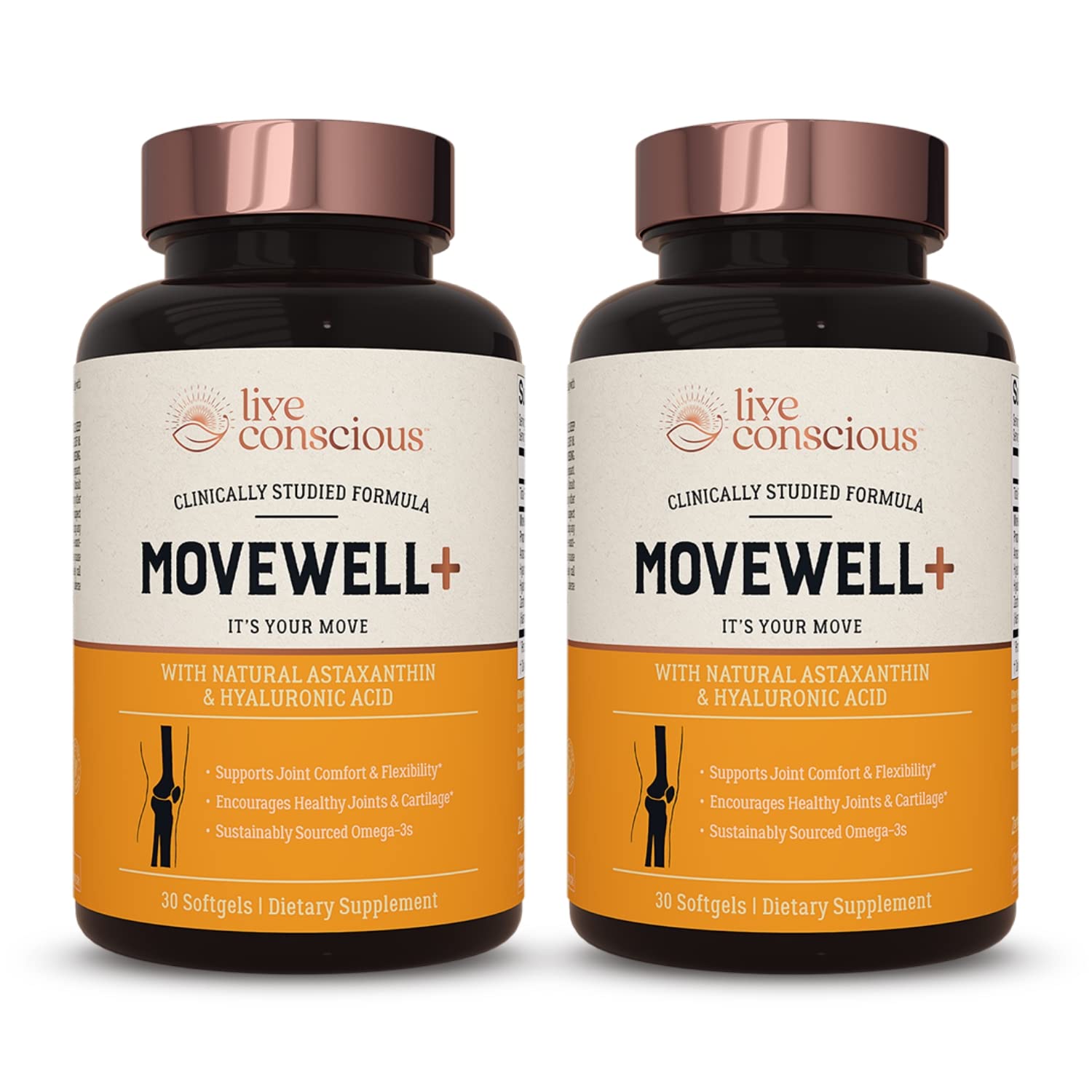 Live Conscious botella frontal MoveWell Plus mostrando la presentación y beneficios