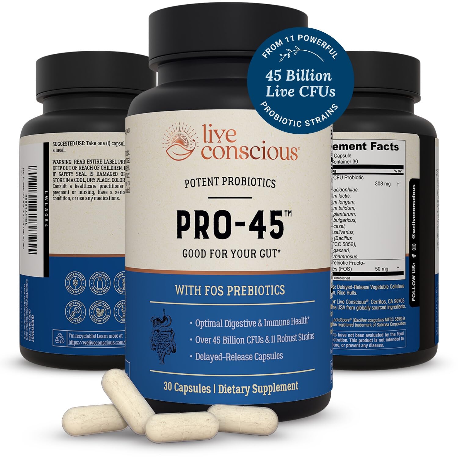 Live Conscious envase PRO45 frente mostrando 45 mil millones UFC y beneficios