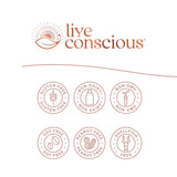Live Conscious etiqueta con lista de cepas e información de ingredientes