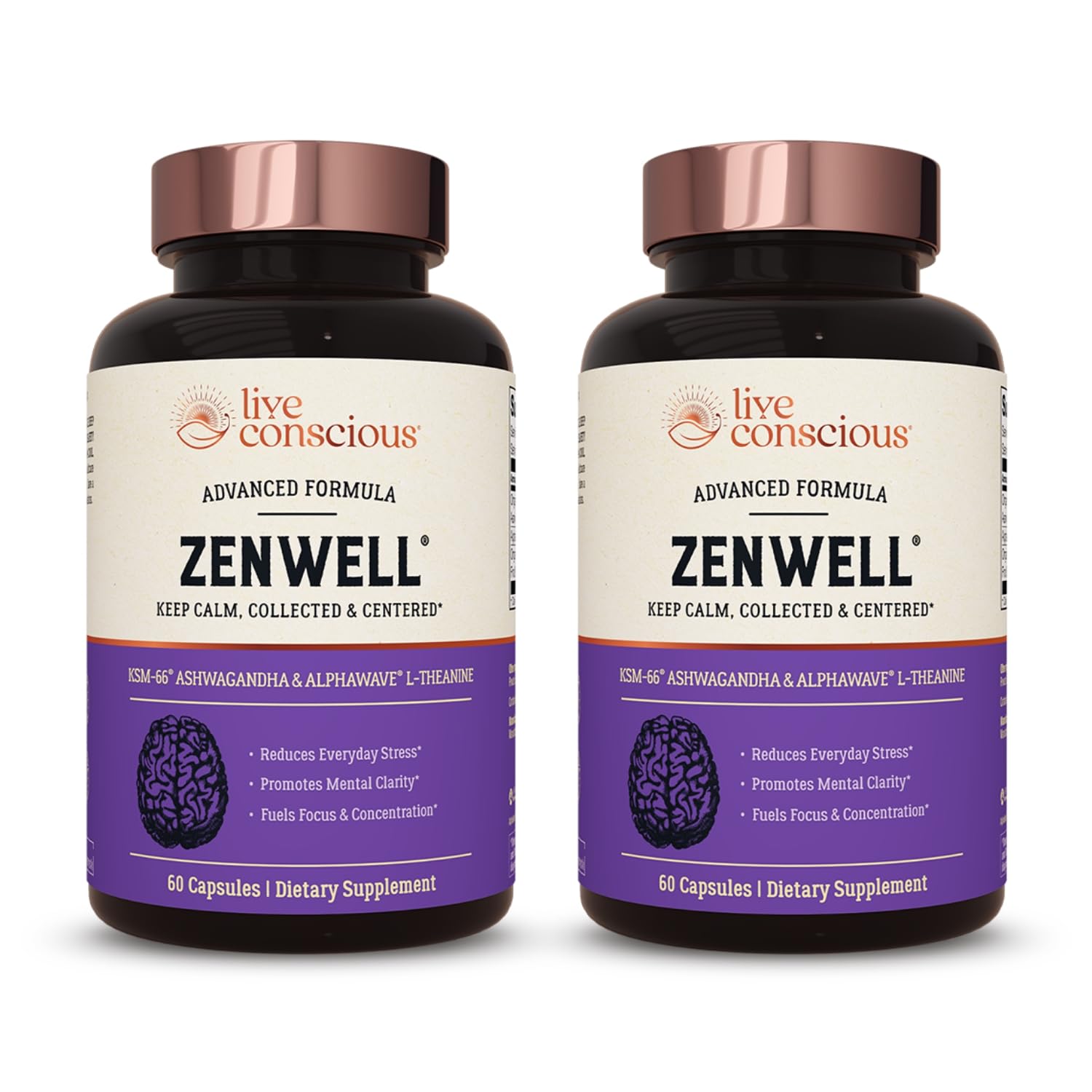 Live Conscious ZenWell frente del empaque mostrando cápsulas y beneficios visibles