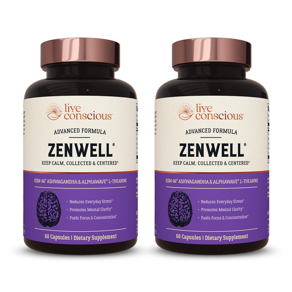 Live Conscious ZenWell frente del empaque mostrando cápsulas y beneficios visibles