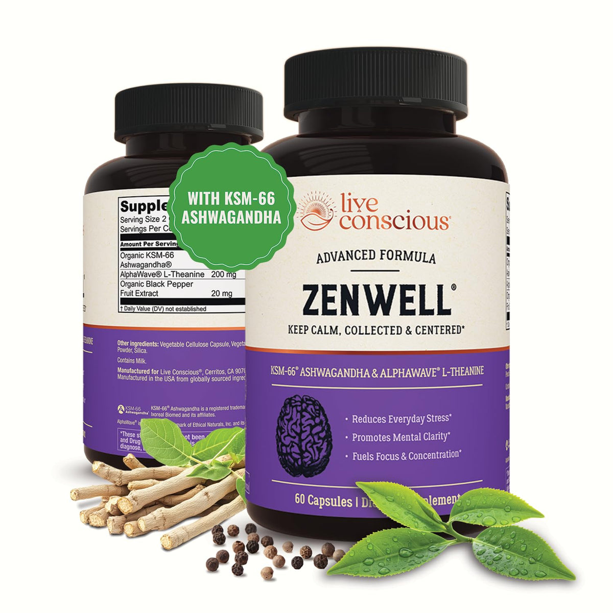 Live Conscious frasco frontal mostrando ZenWell y beneficio de calma