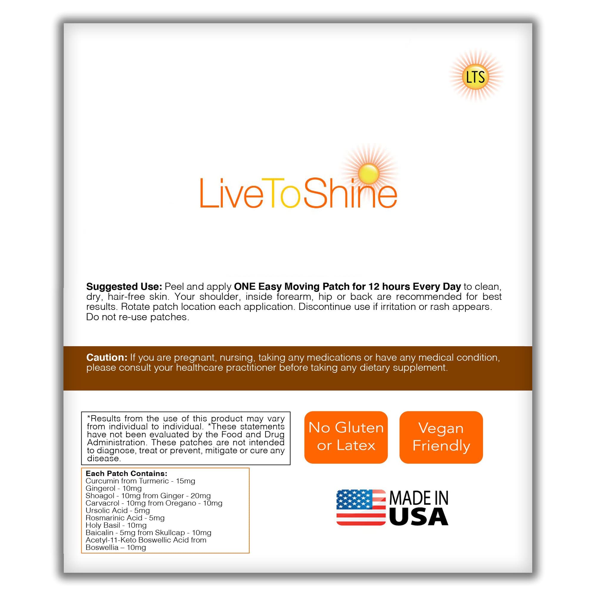 Live To Shine parche abierto mostrando adhesivo y formato fácil de usar