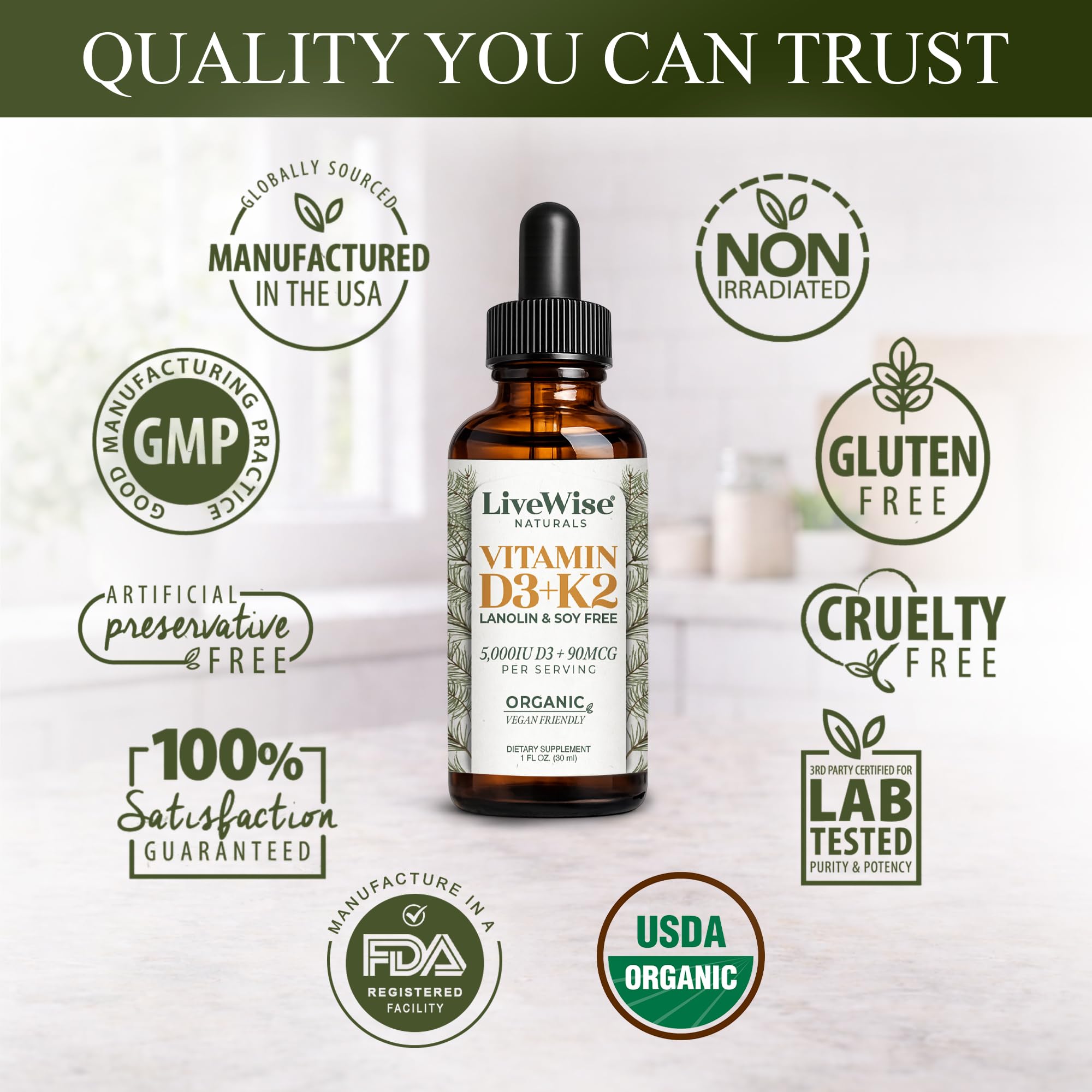 Live Wise Naturals escena matutina integrando las gotas en la rutina diaria