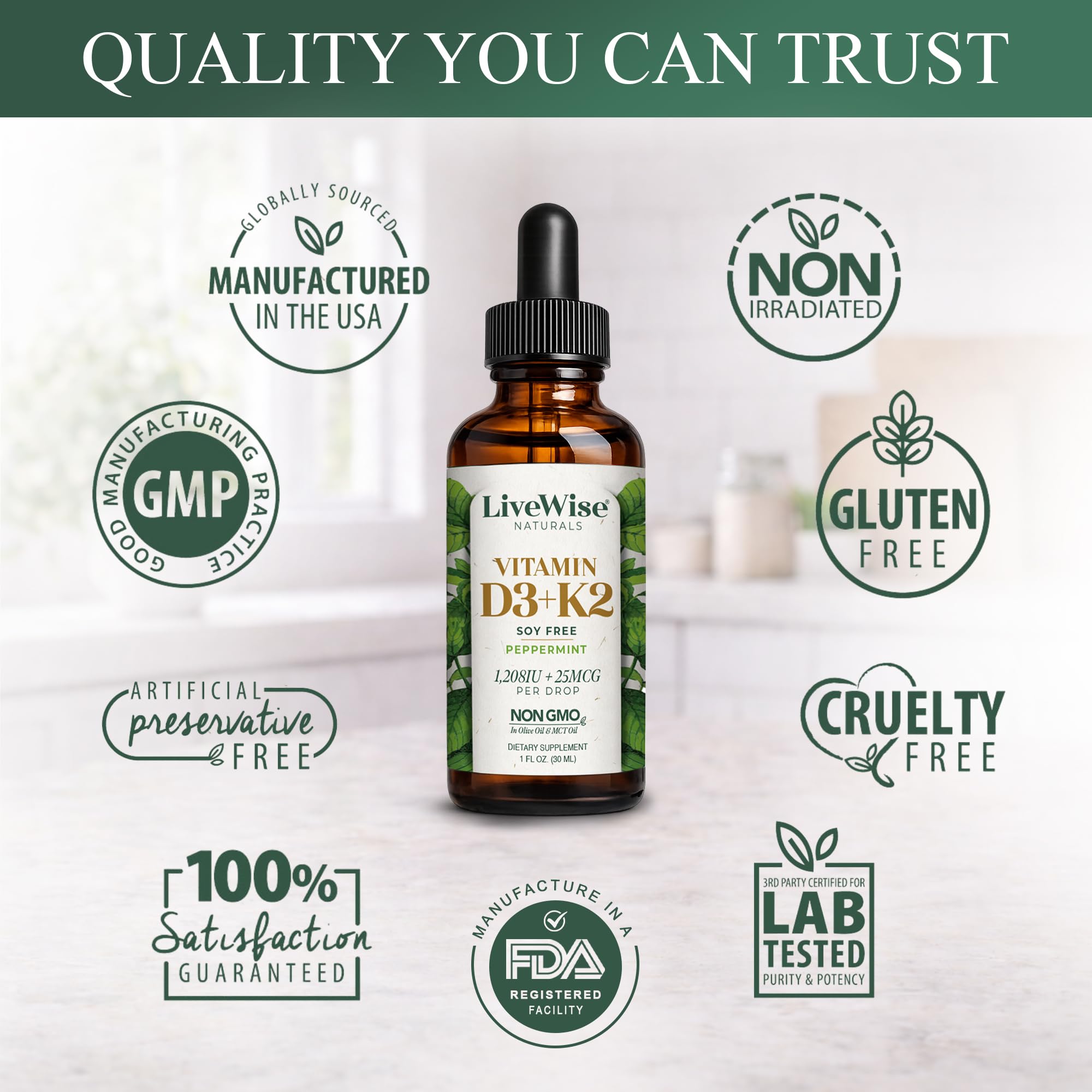 Live Wise Naturals frasco en encimera de cocina ilustrando uso diario sencillo