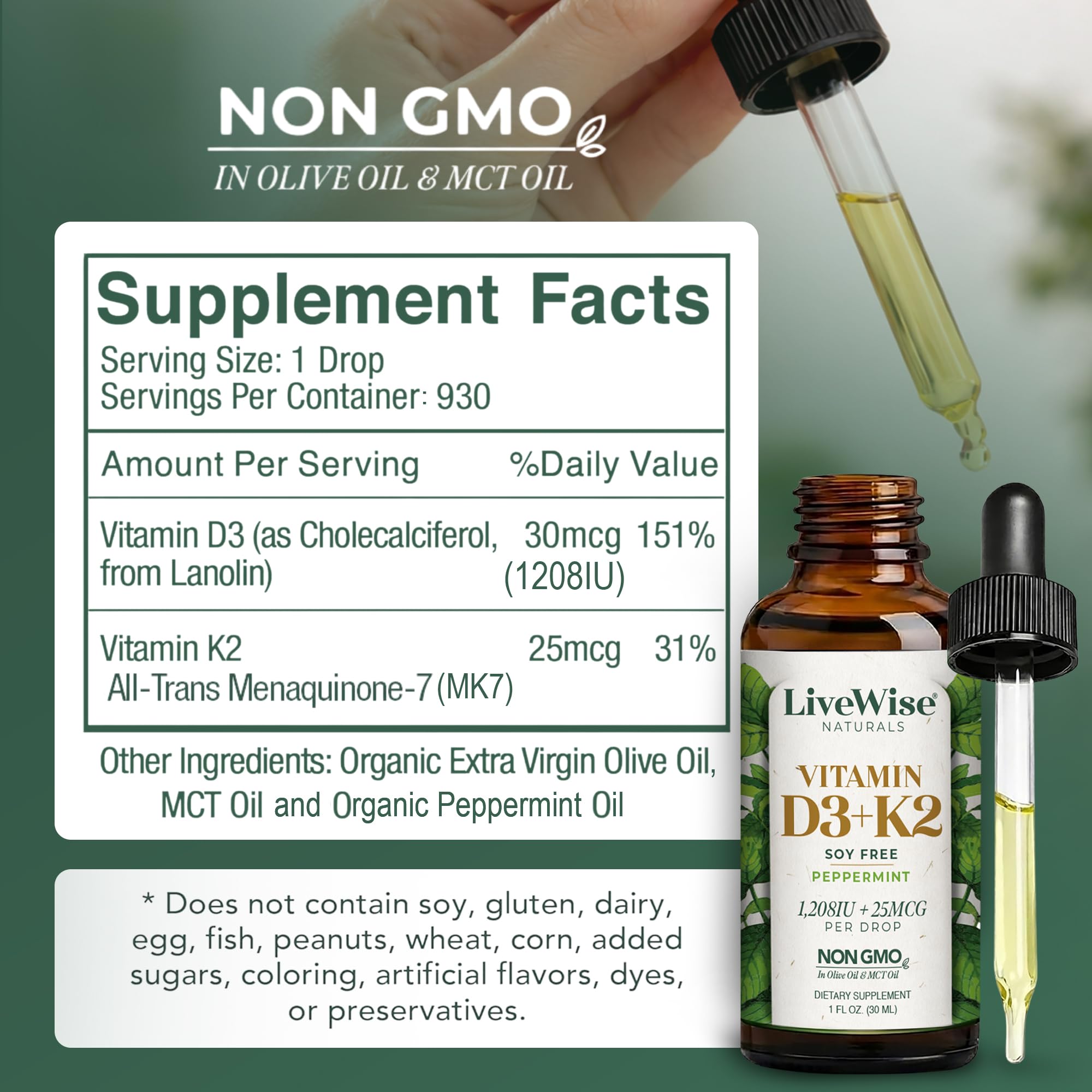 Live Wise Naturals una gota colocada sublingual mostrando administración práctica
