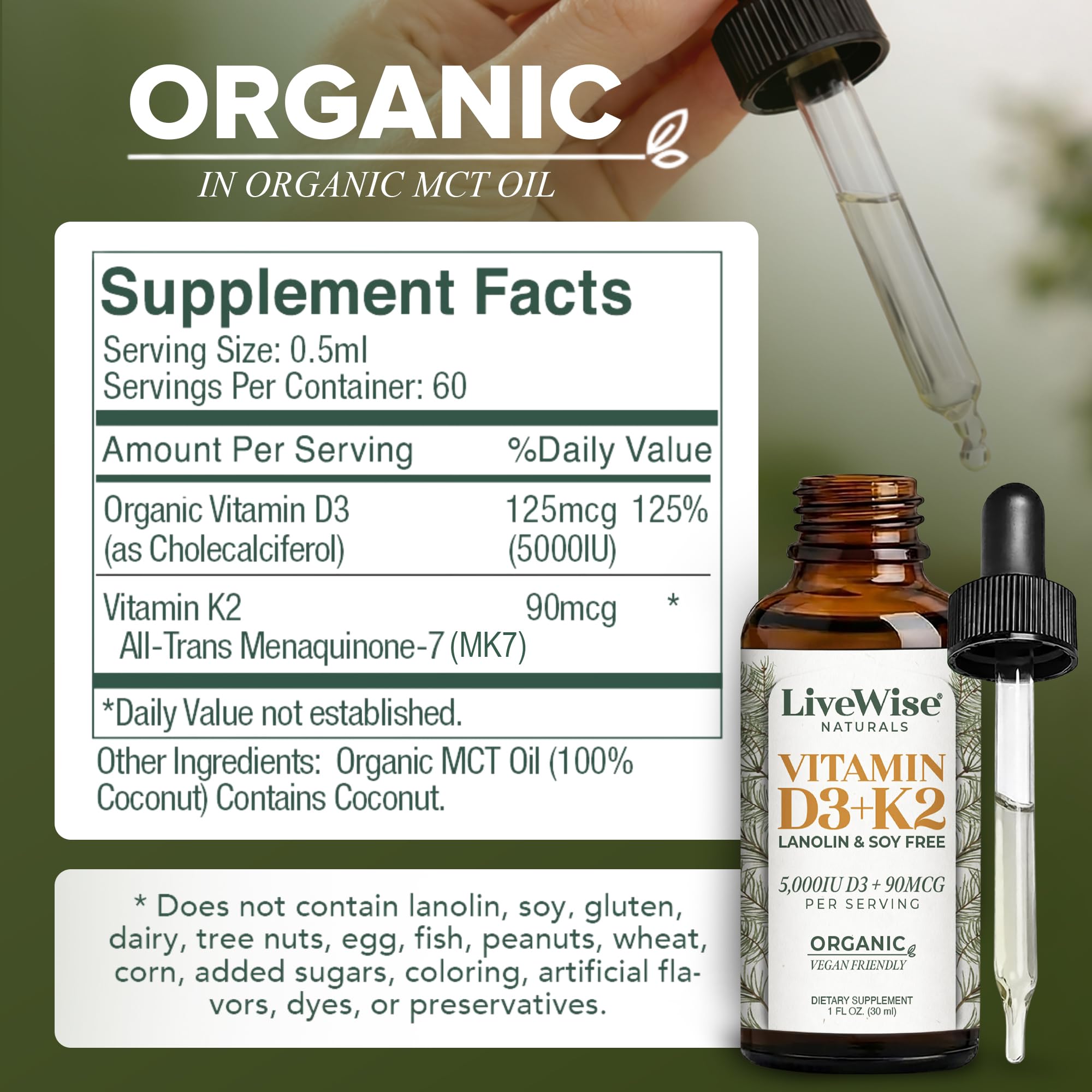 Live Wise Naturals primer plano del gotero calibrado para dosificación precisa