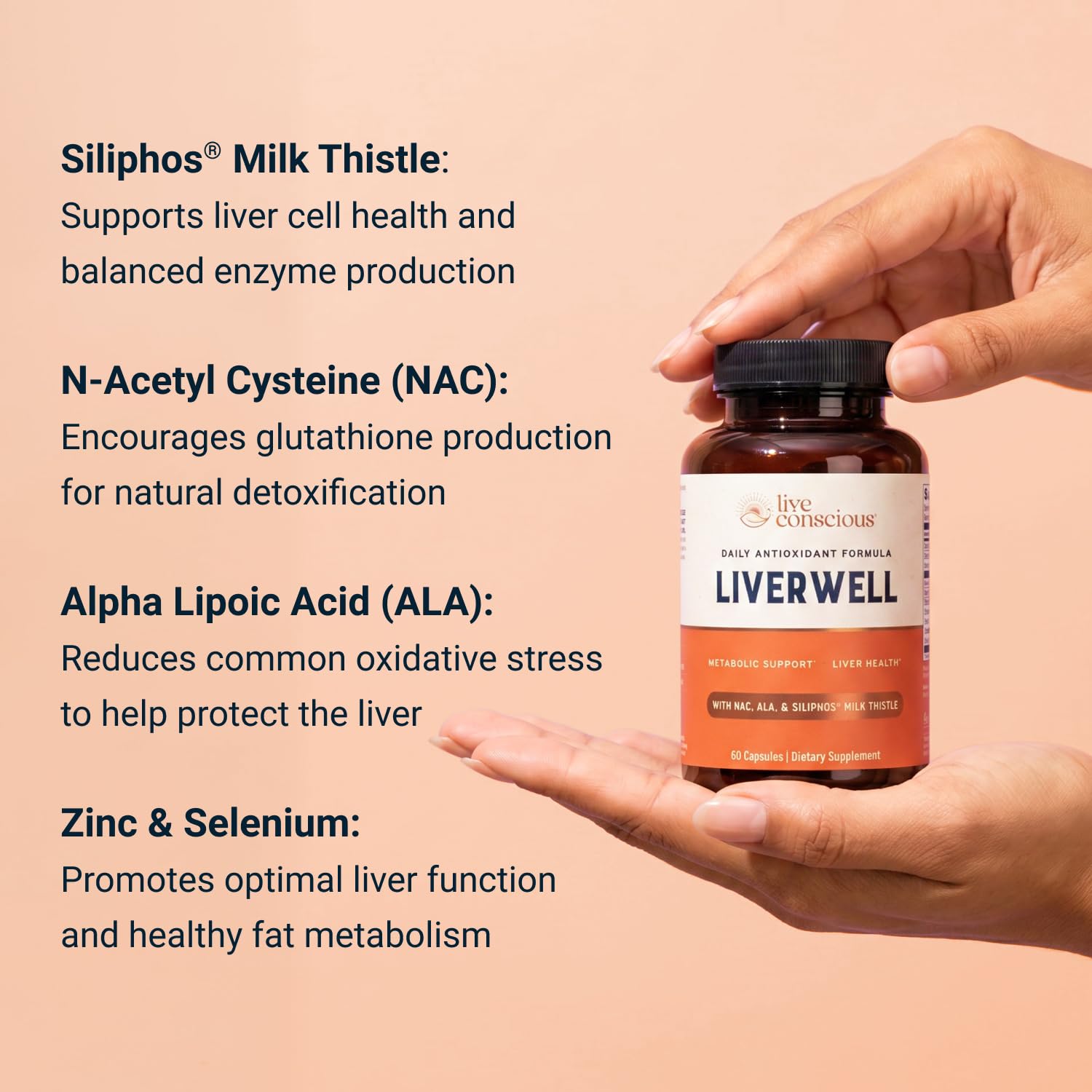 Live Conscious etiqueta en detalle con lista de ingredientes y pureza