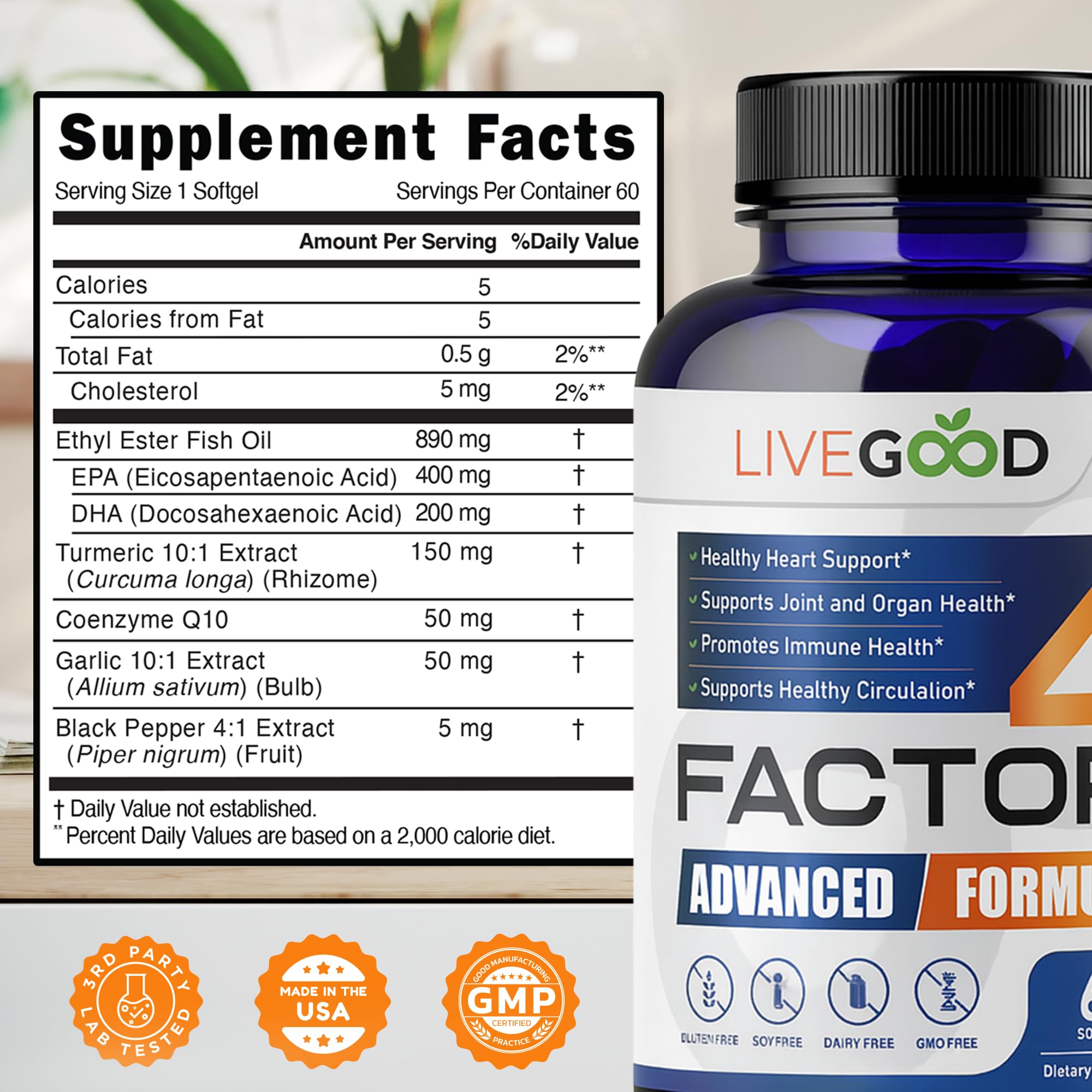 LIVEGOOD etiqueta del producto con ingredientes clave y origen en EE. UU.