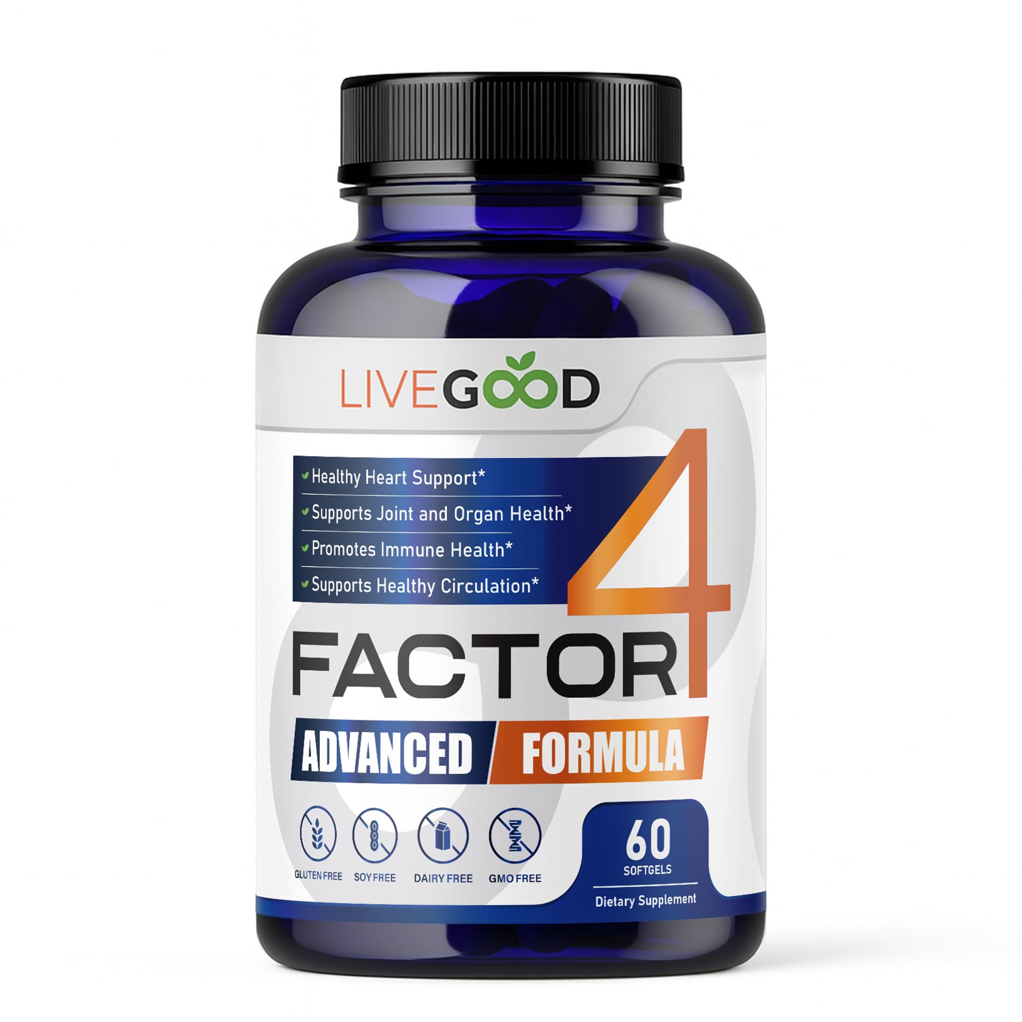 LIVEGOOD Factor 4 vista frontal del envase mostrando 60 cápsulas y beneficios