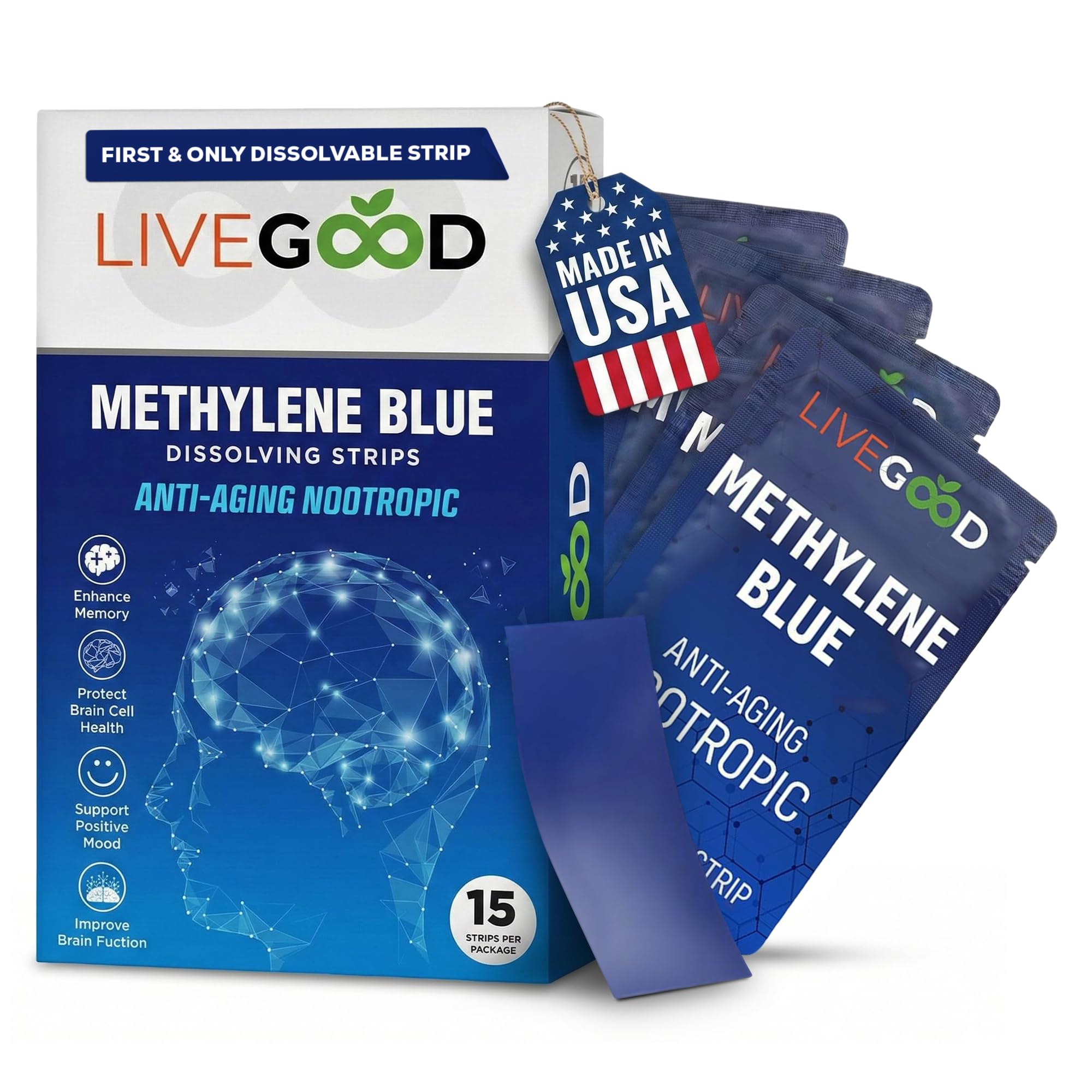 LIVEGOOD empaque frontal mostrando tiras y beneficio de conveniencia