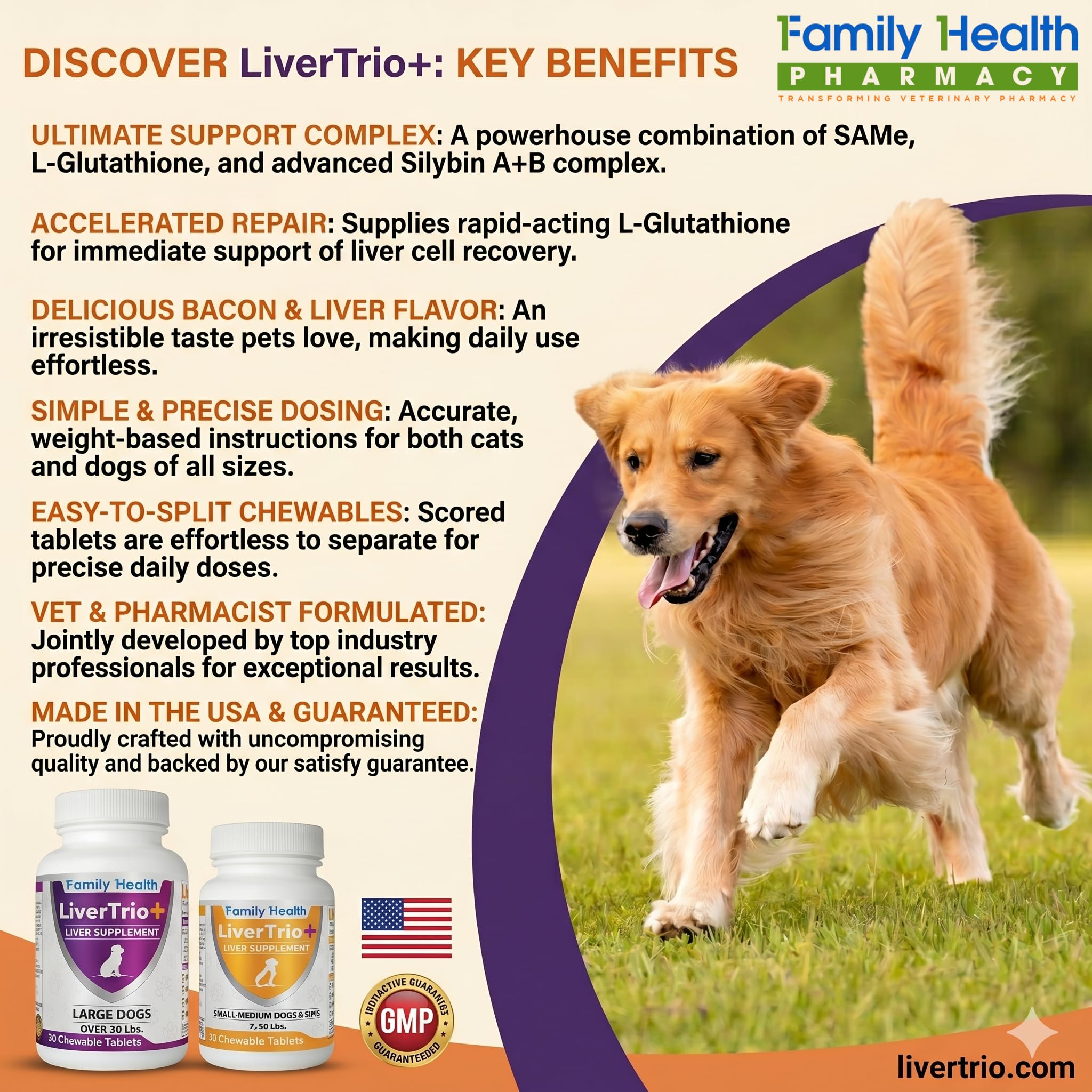 Etiqueta de LiverTrio+ con lista de ingredientes clave y calidad