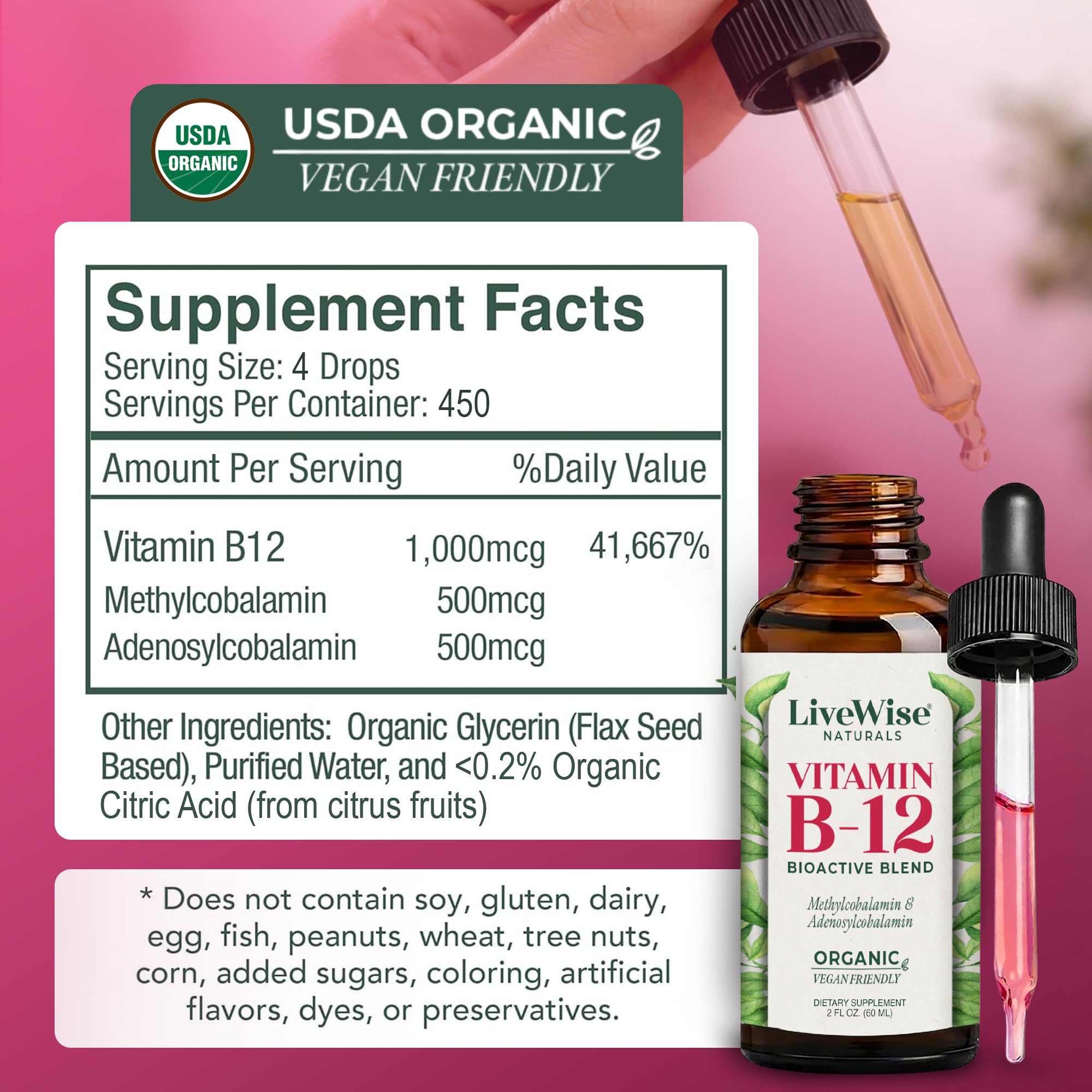 Live Wise Naturals cuentagotas y dosificación precisa para controlar 5 gotas por toma