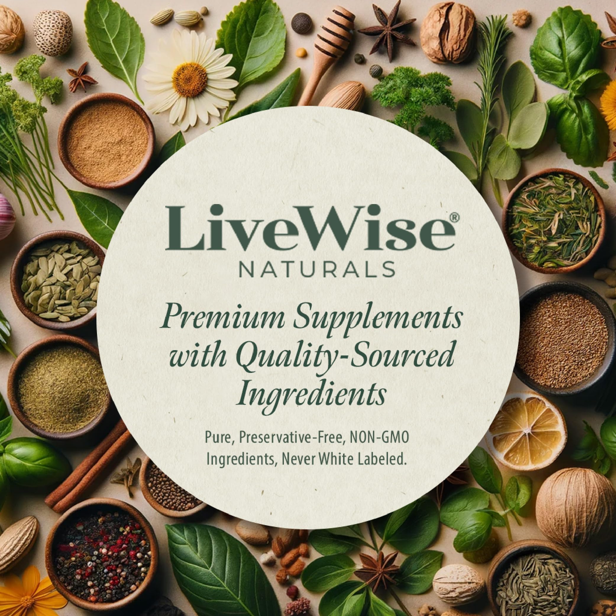 Live Wise Naturals botella en cocina junto a frutas para contextuar uso diario y conveniencia