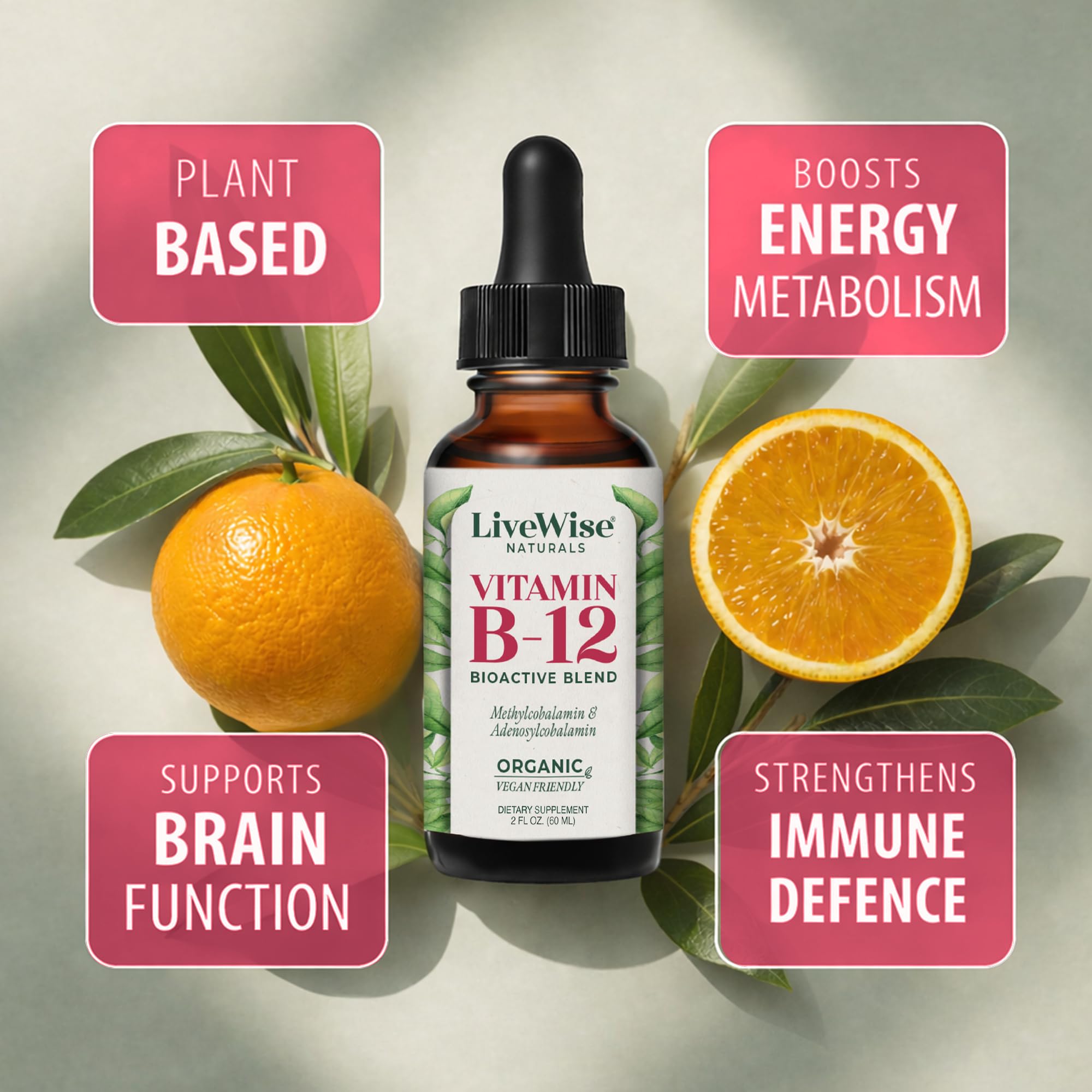 Live Wise Naturals etiqueta de ingredientes orgánicos con beneficios de formas activas de B12