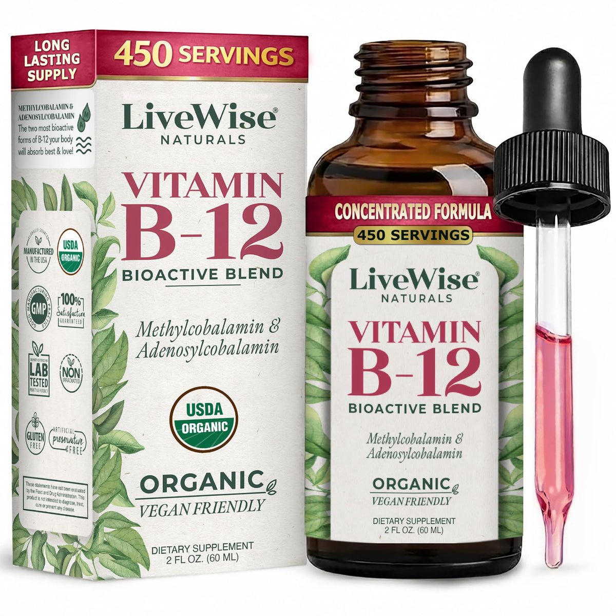 Live Wise Naturals frasco frontal B12 líquida mostrando etiqueta clara y beneficio de larga duración
