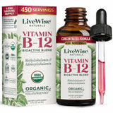 Live Wise Naturals frasco frontal B12 líquida mostrando etiqueta clara y beneficio de larga duración