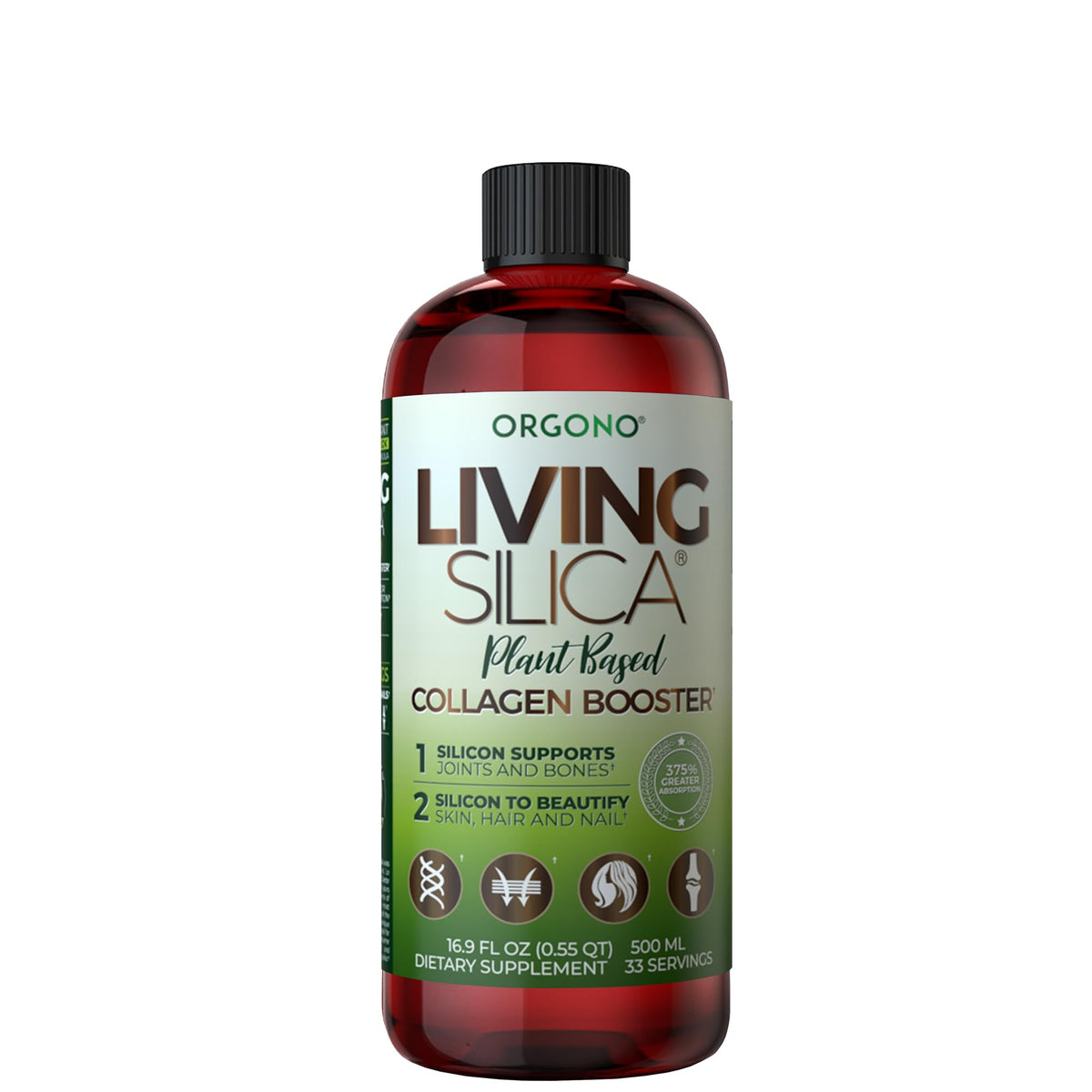 Living Silica botella frente mostrando etiqueta y beneficios visibles