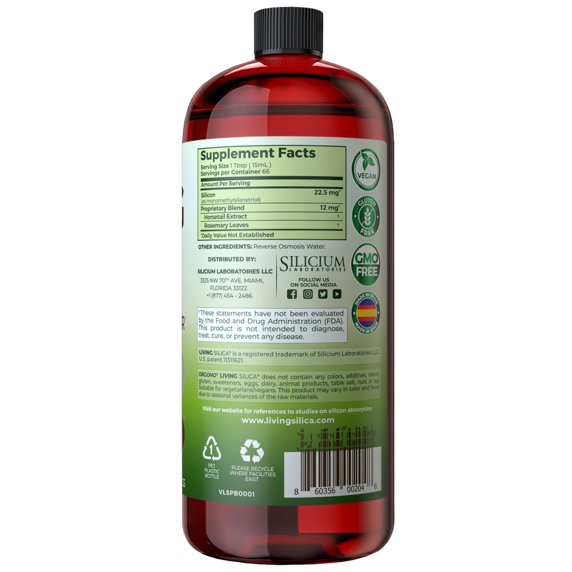 Living Silica etiqueta en primer plano destacando ingredientes naturales y beneficios visibles