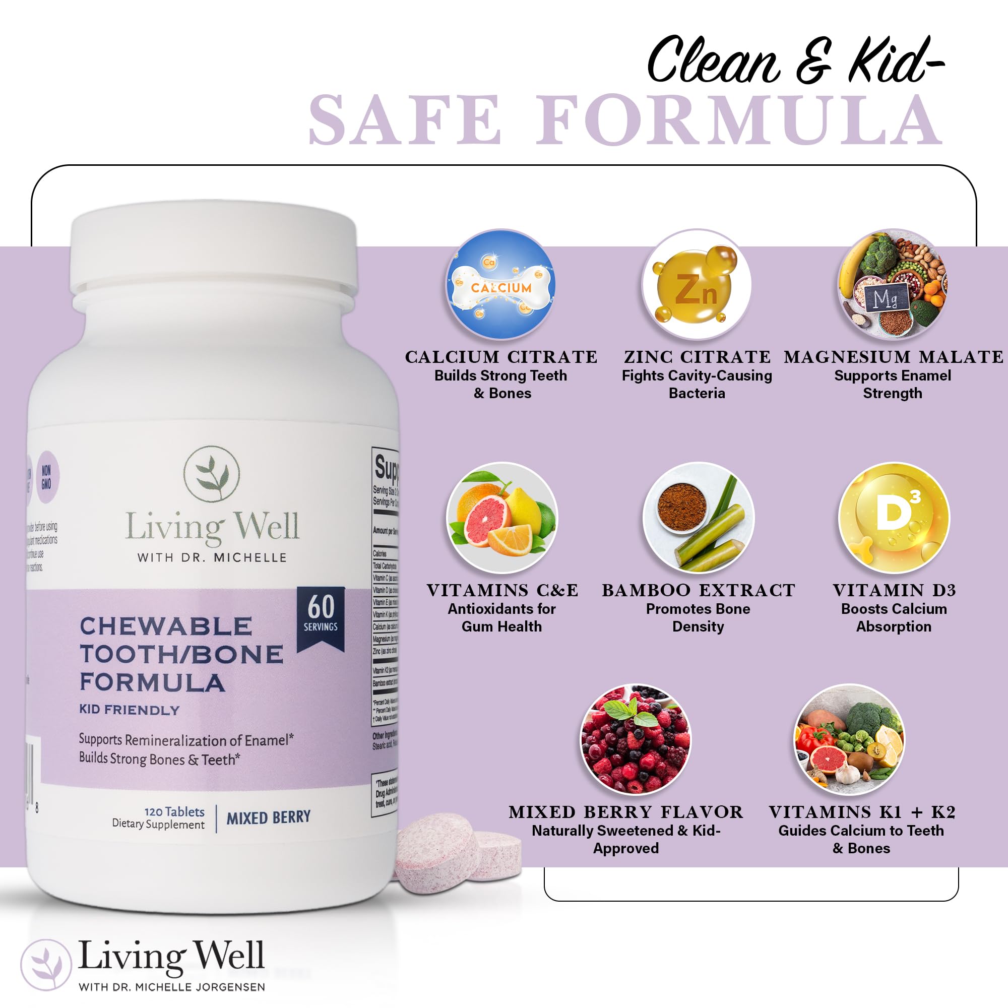 Living Well with Dr. Michelle niño tomando masticable con sonrisa y facilidad