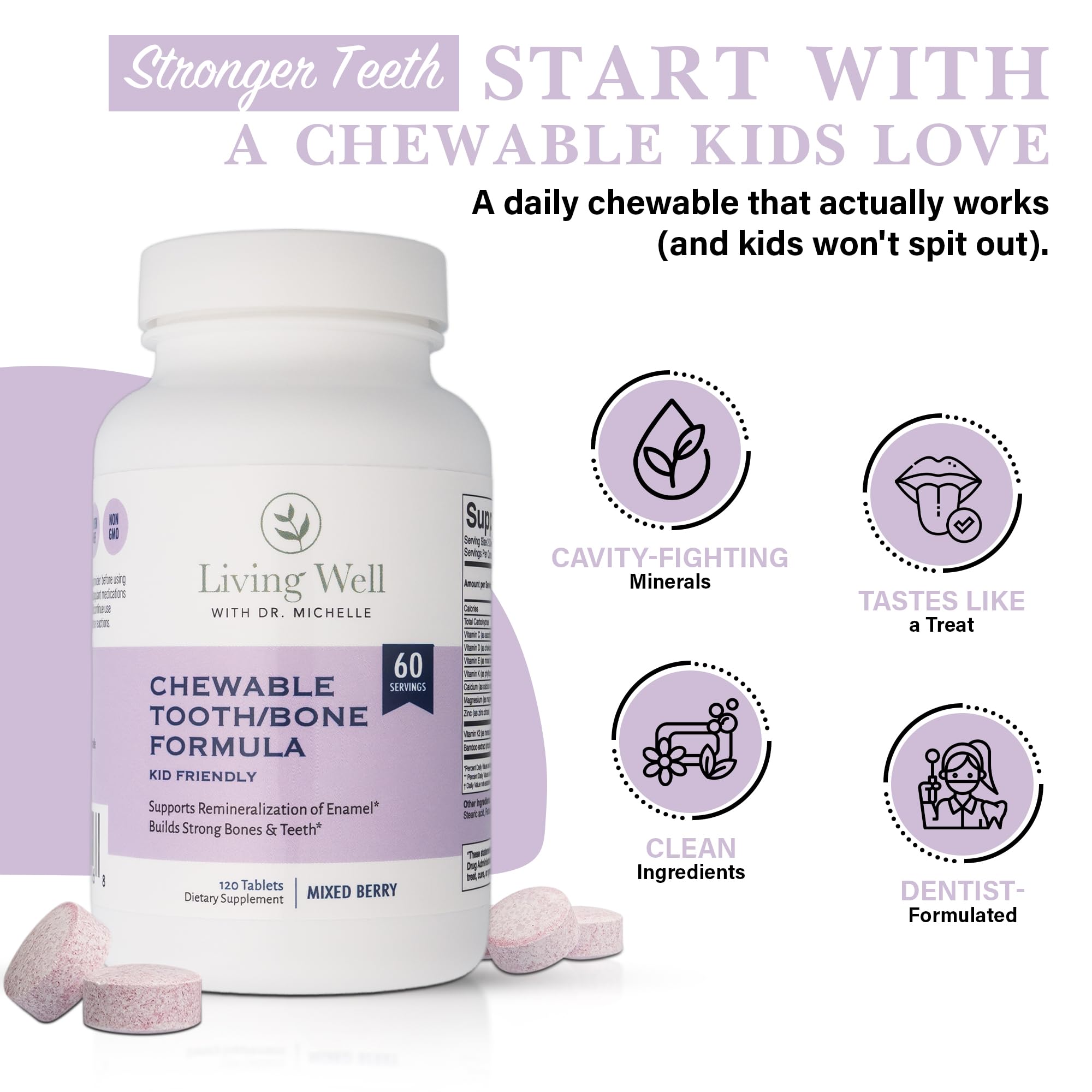 Living Well with Dr. Michelle tabletas masticables textura y formato amigable