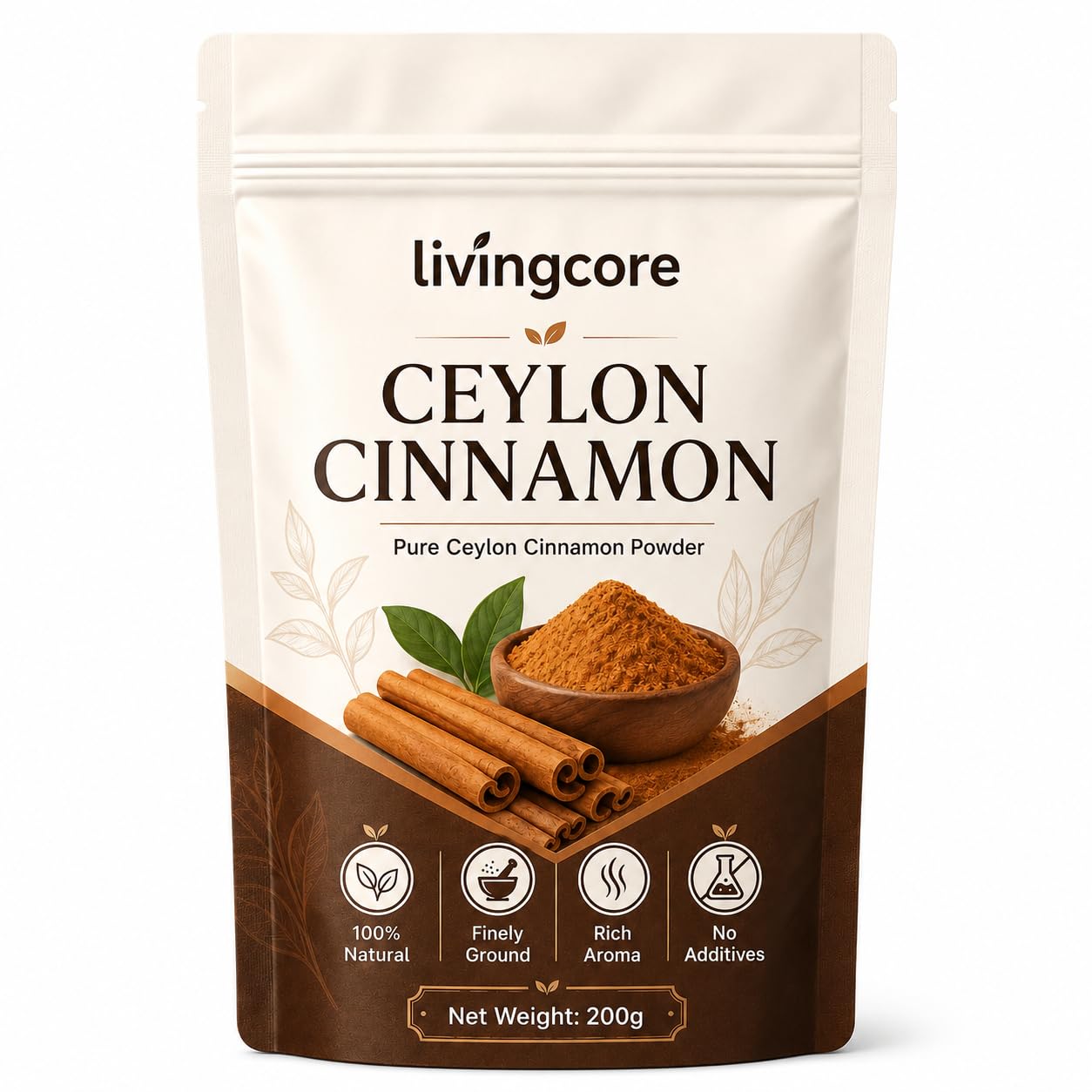 livingcore mostrador frontal del envase con canela Ceylon y beneficio de autenticidad