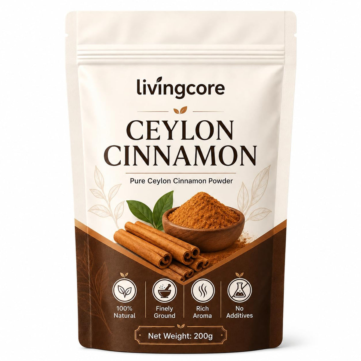 livingcore mostrador frontal del envase con canela Ceylon y beneficio de autenticidad