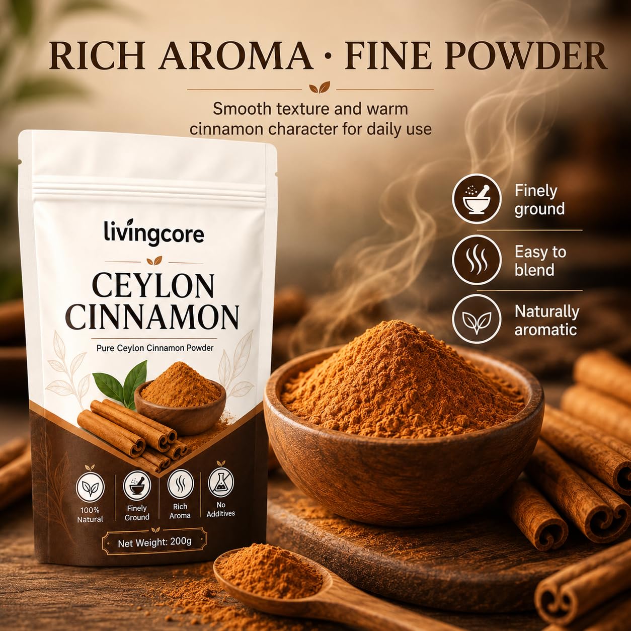 livingcore canela espolvoreada sobre postre, aportando aroma cálido y uniforme