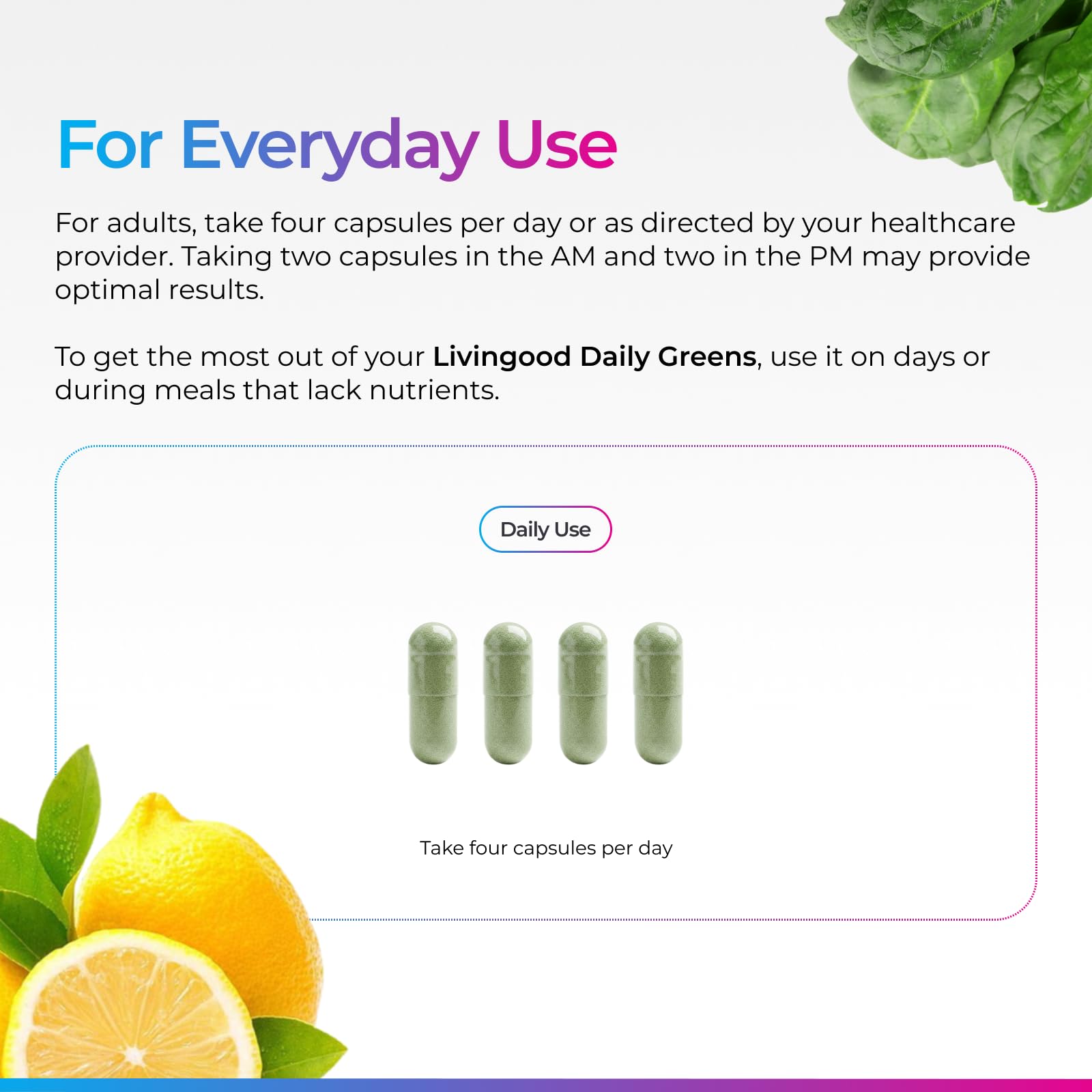 Livingood Daily botella abierta con cápsulas listas para tomar