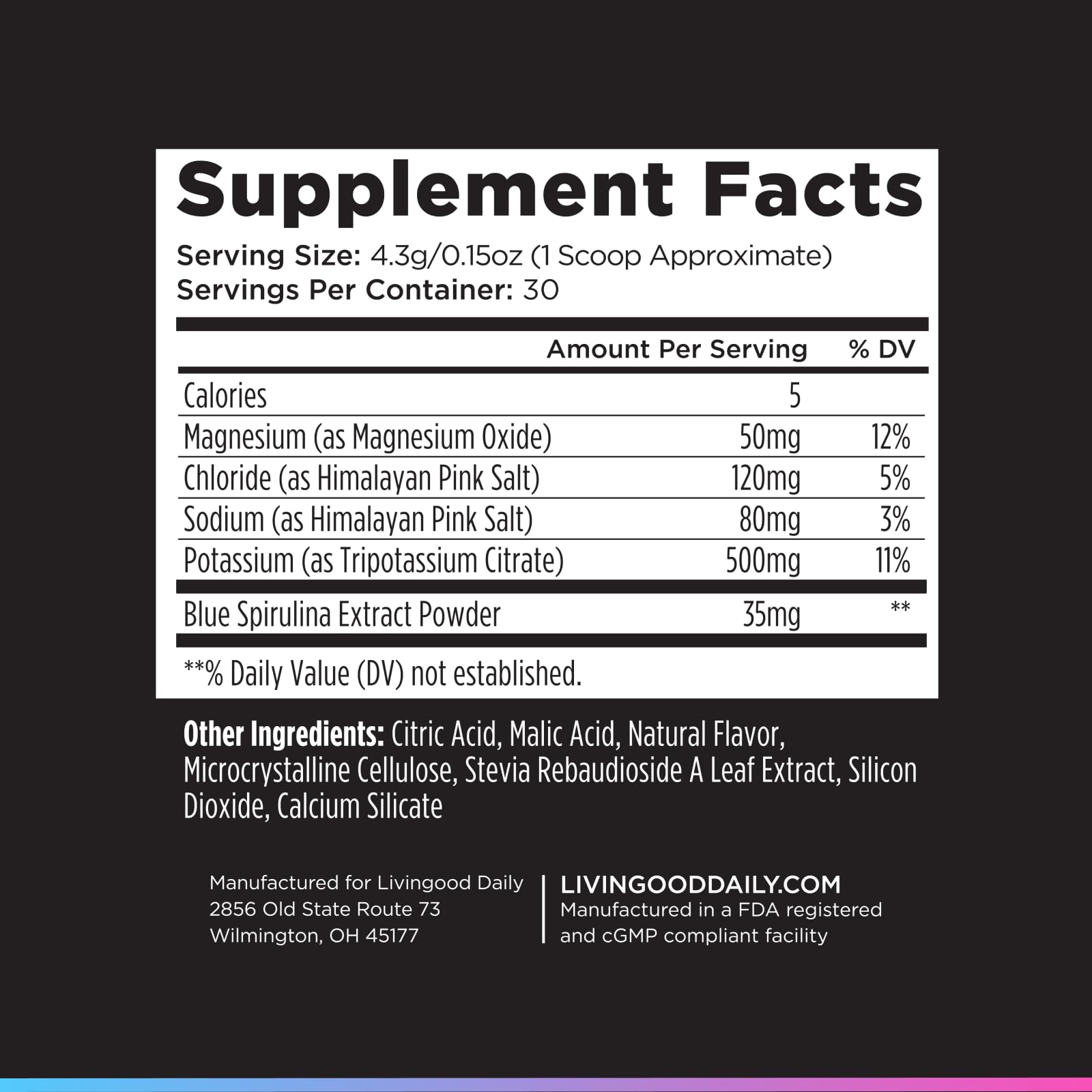 Livingood Daily etiqueta con lista de ingredientes claros y beneficios