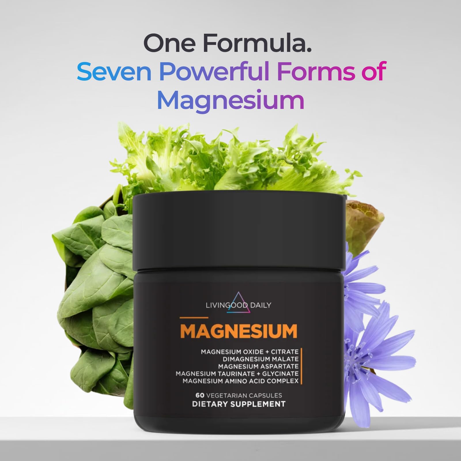 Livingood Daily etiqueta nutricional destacando las siete formas de magnesio