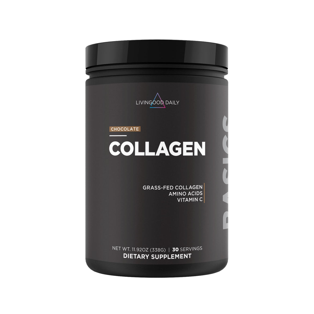 Livingood Daily frasco frontal chocolate, envase claro y beneficio limpieza de ingredientes
