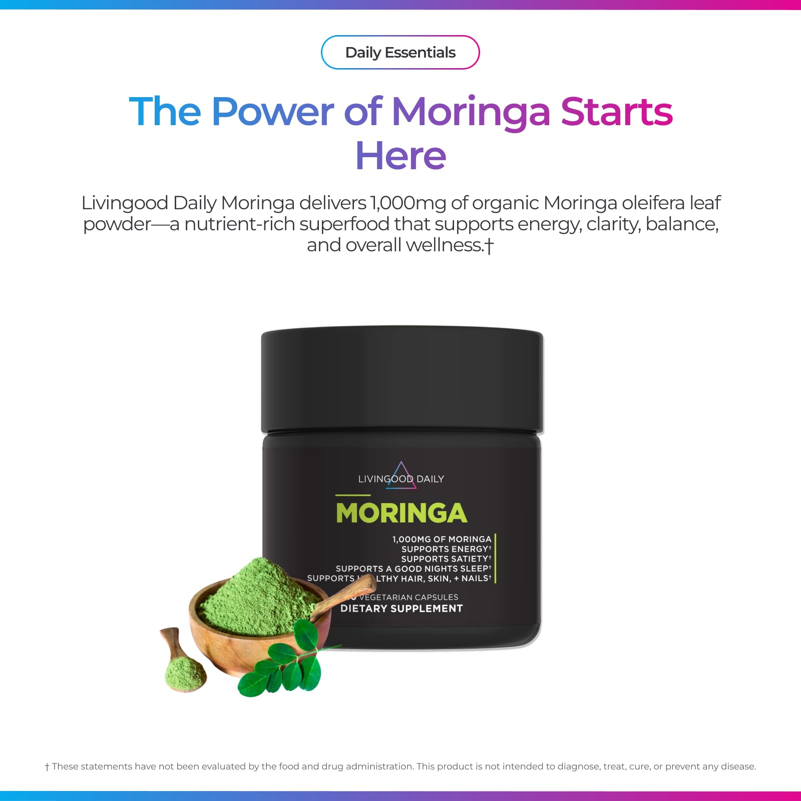 Livingood Daily polvo de moringa en primer plano mostrando pureza
