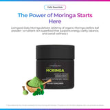 Livingood Daily polvo de moringa en primer plano mostrando pureza