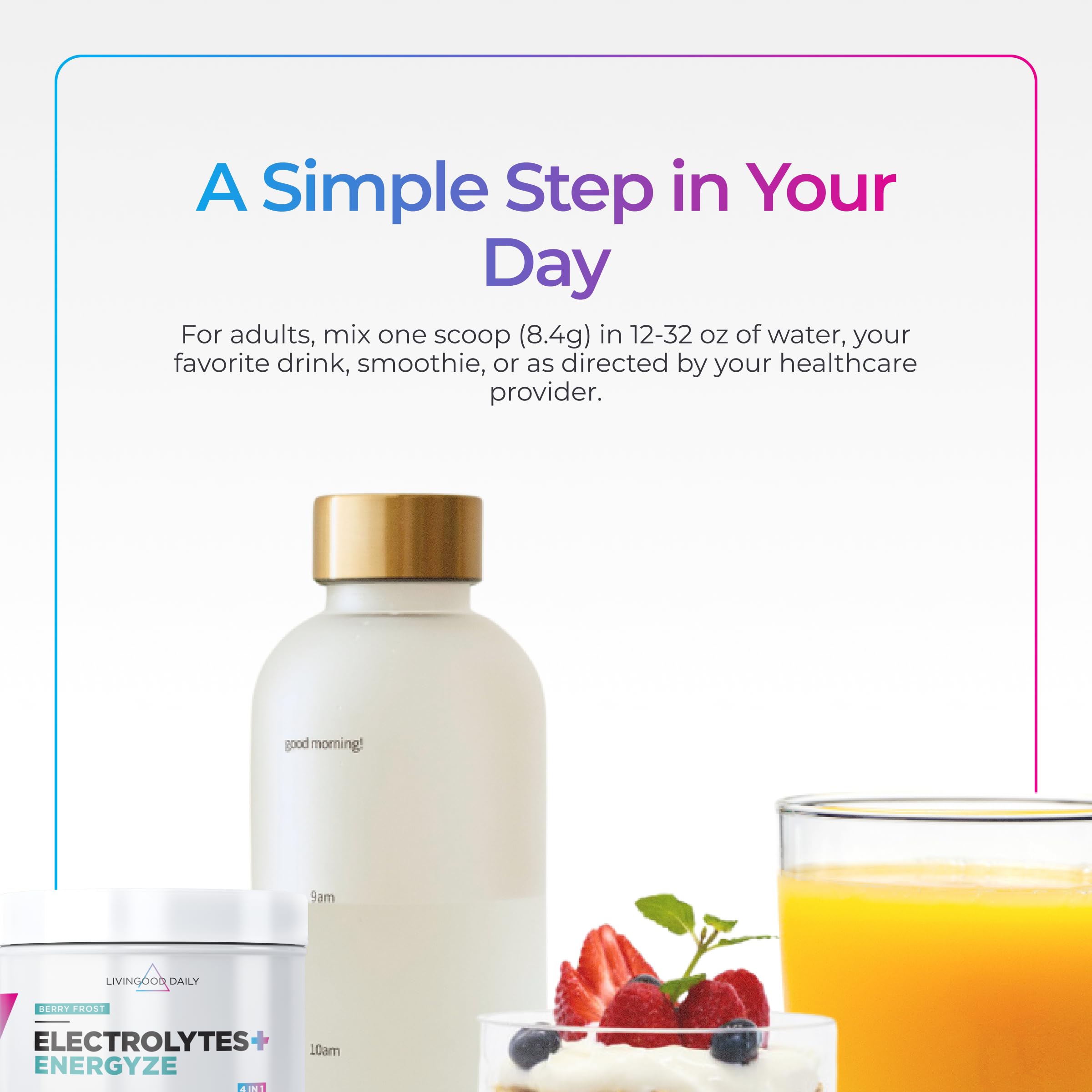 Livingood Daily scoop y paquete para comparar tamaño y dosis por servicio