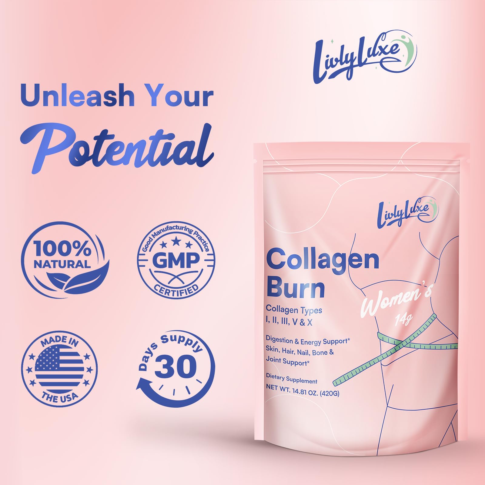 LivLyLuxe comparación de tamaño del envase con un vaso para referencia de porción
