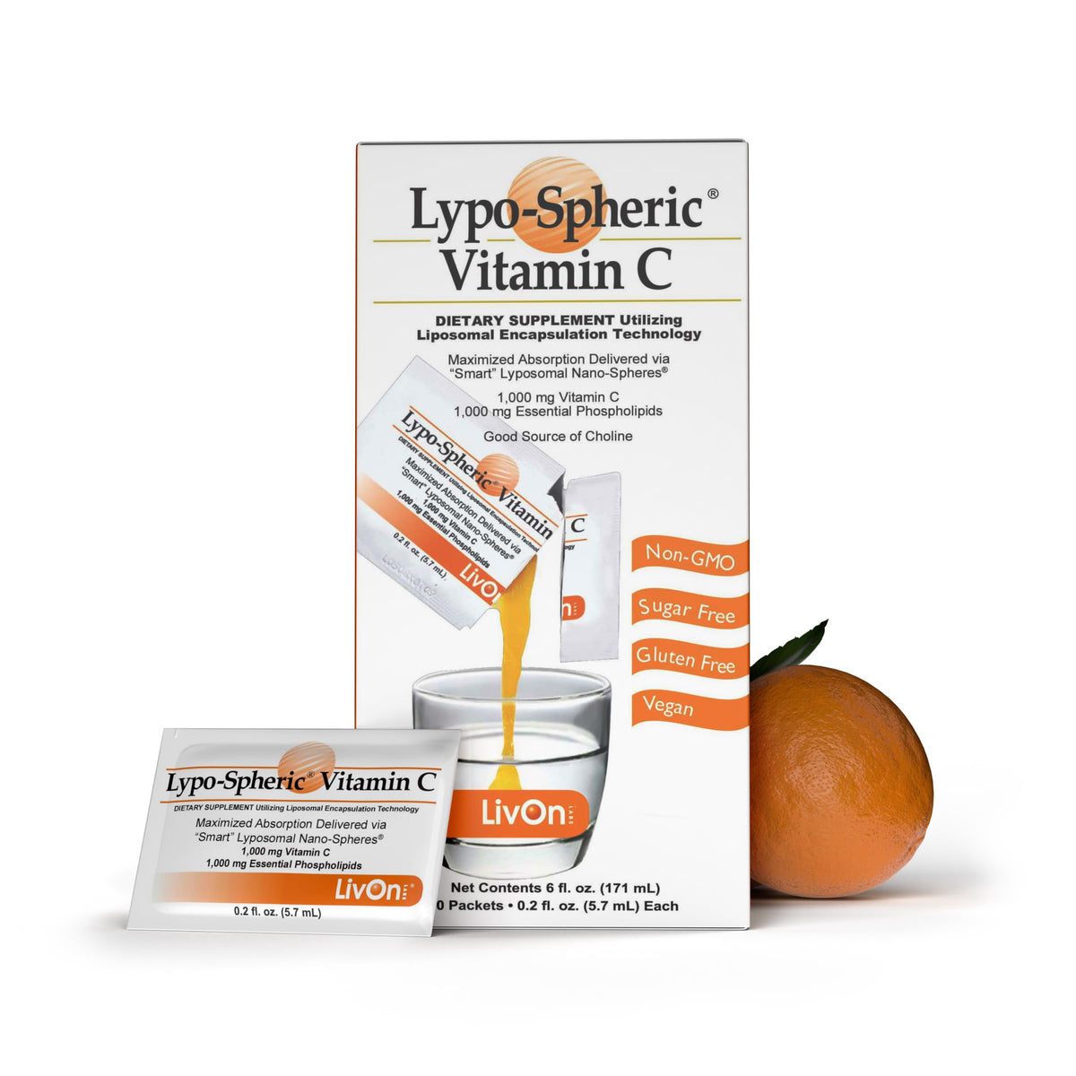 LivOn Laboratories empaque frontal mostrando 30 sobres y beneficios de absorción