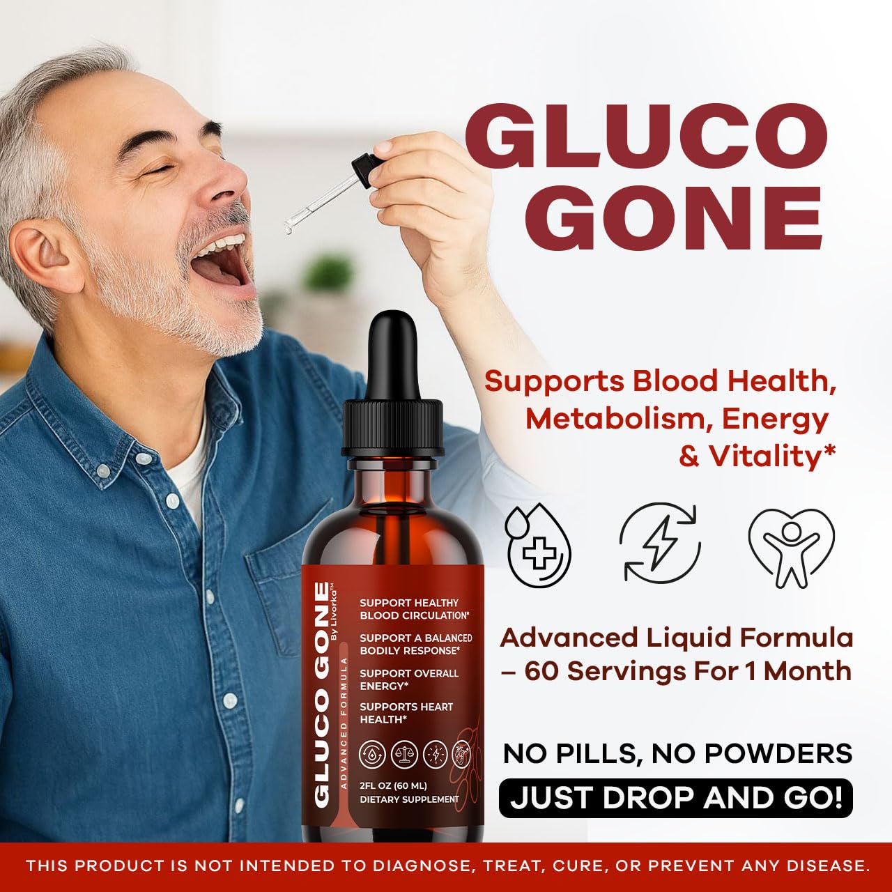 LIVORKA GlucoGone detalle del gotero con gotas, facilidad de dosificación