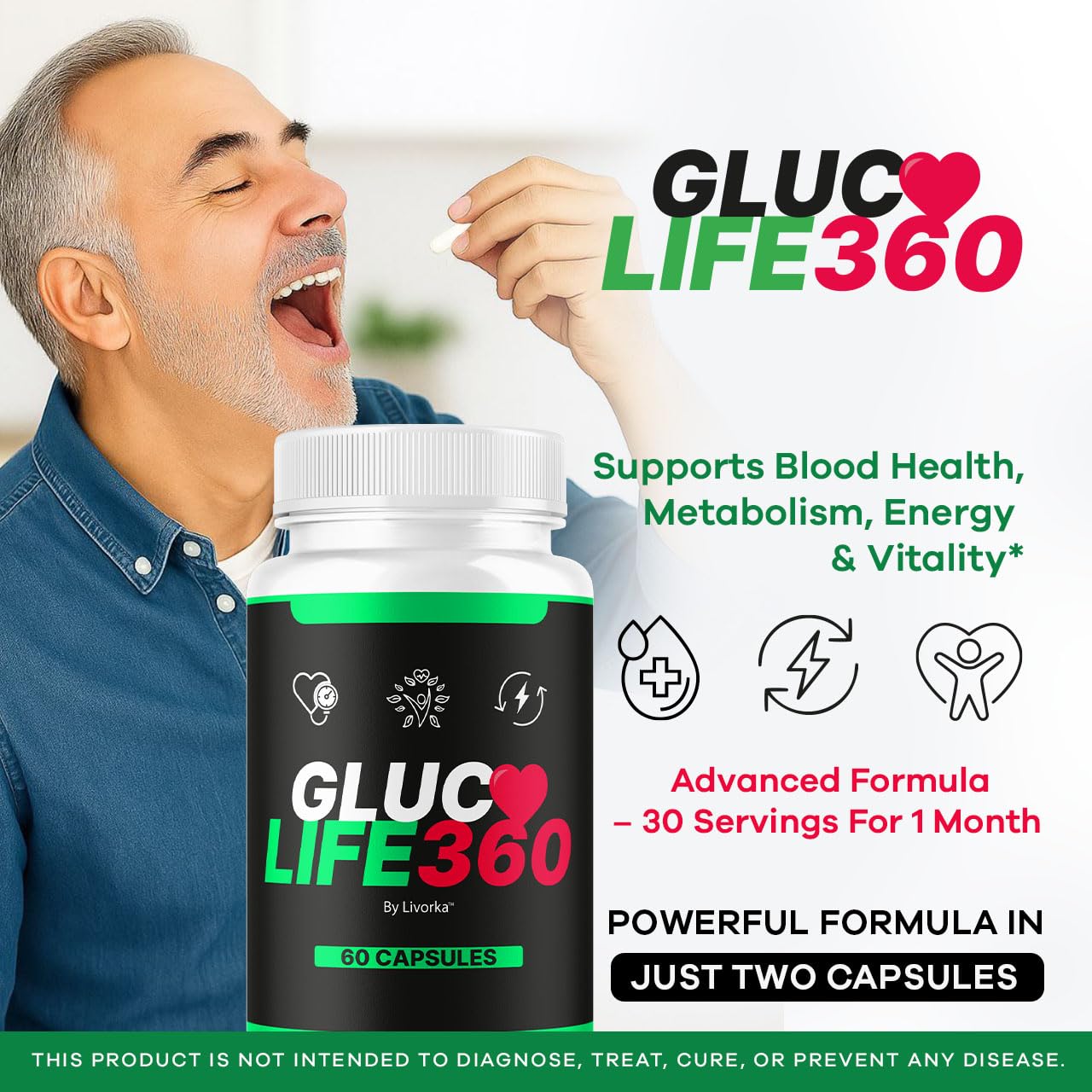 LIVORKA GlucoLife 360 cápsulas cerca que muestran textura y calidad superior