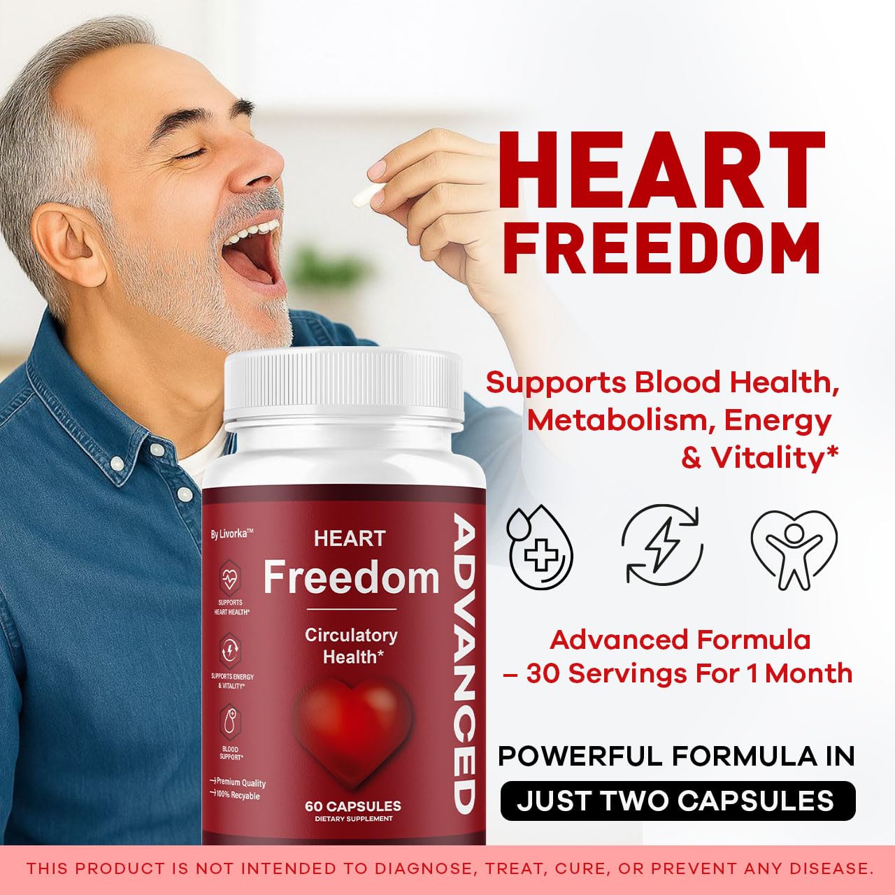 LIVORKA Heart Freedom cápsulas en primer plano, muestra la textura fácil de tragar