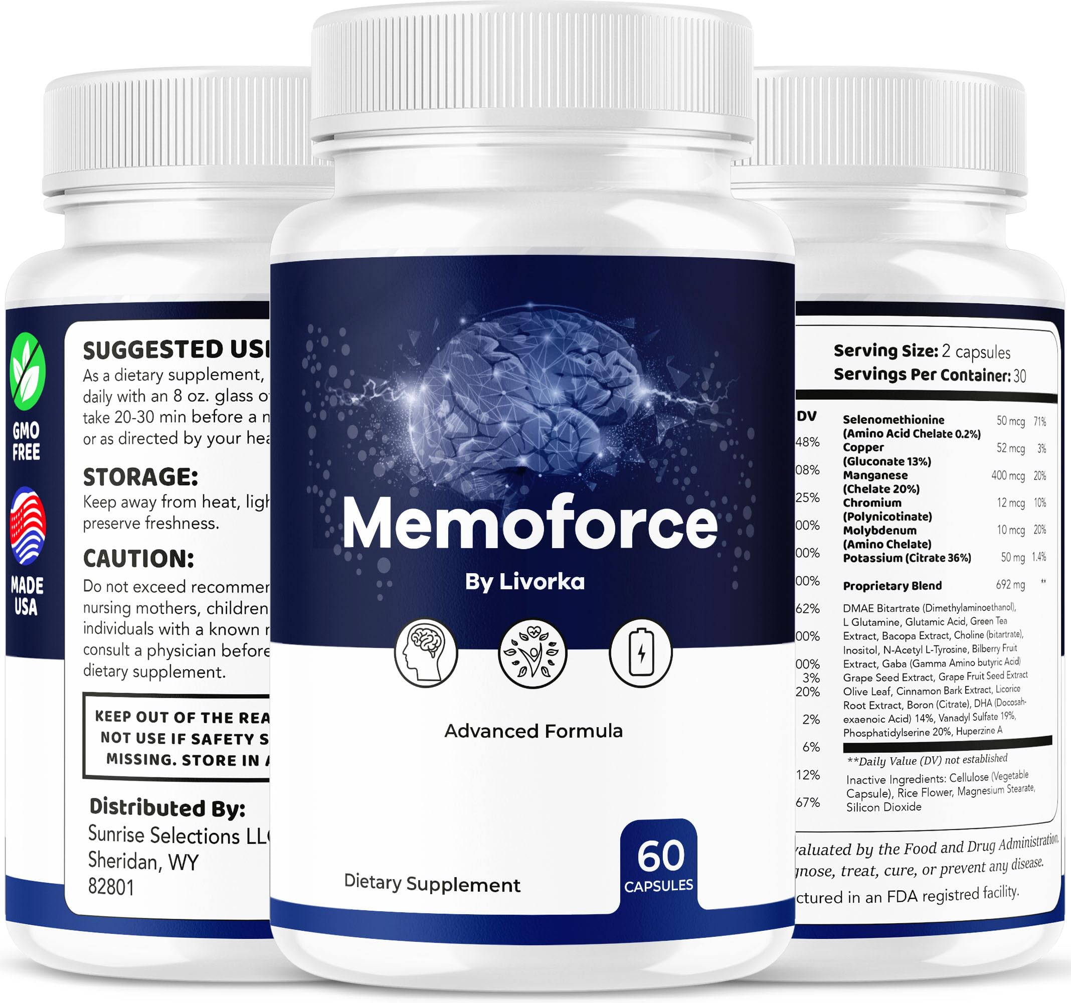 LIVORKA Memoforce frascos en mesa junto a vaso de agua para rutina diaria