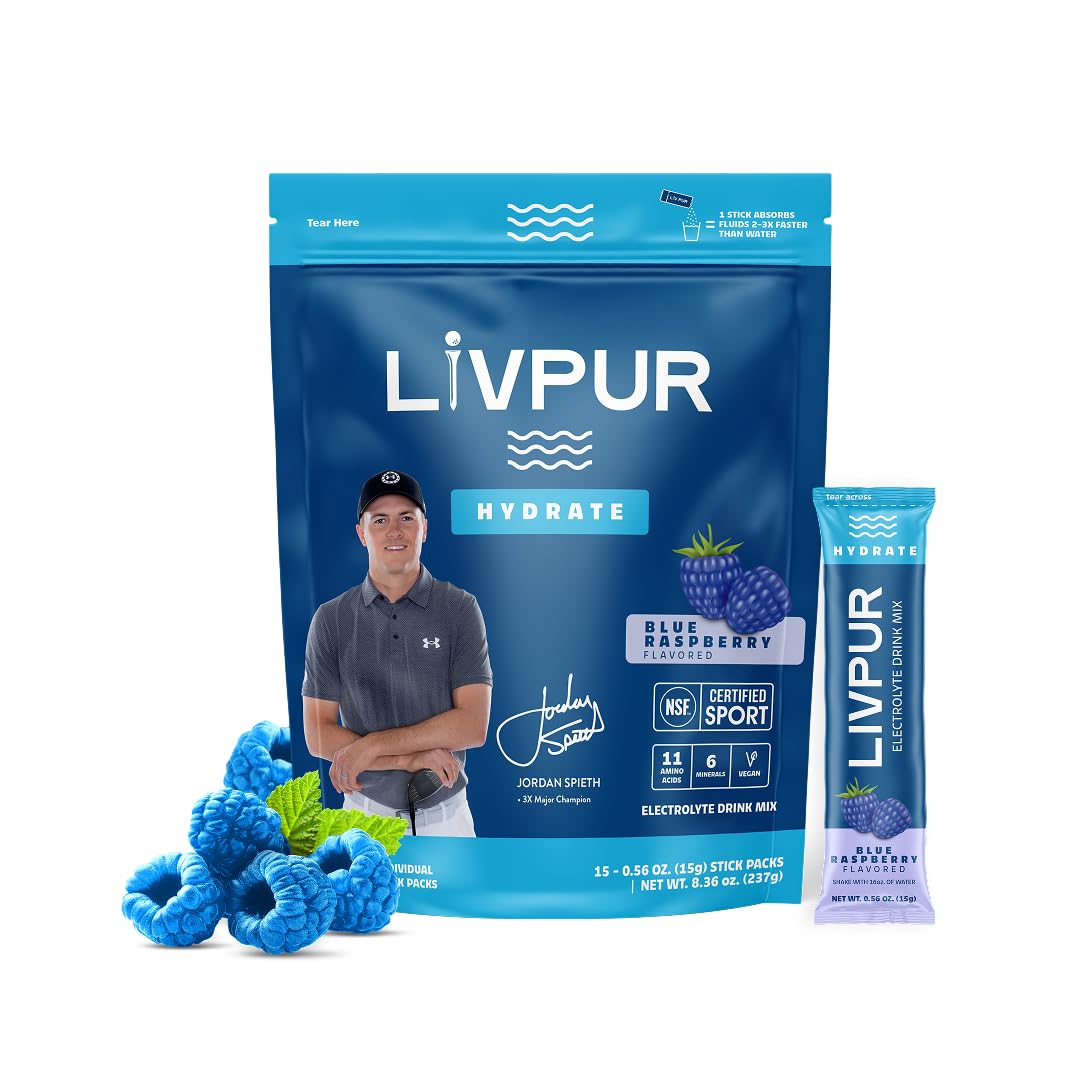 LivPur empaque frontal blue raspberry mostrando 15 sobres, portabilidad y conveniencia