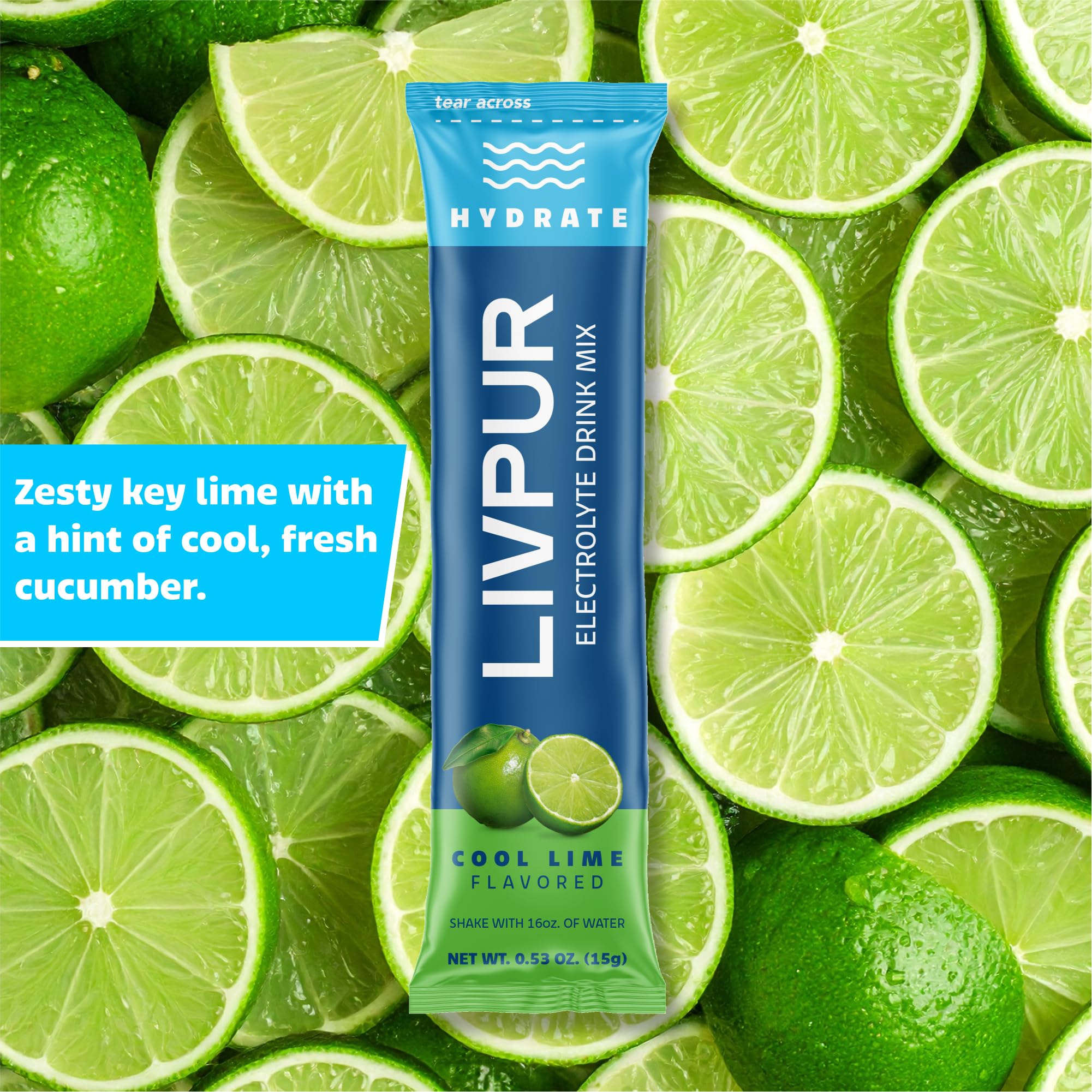LivPur vaso con bebida Cool Lime demostrando hidratación rápida y refresco