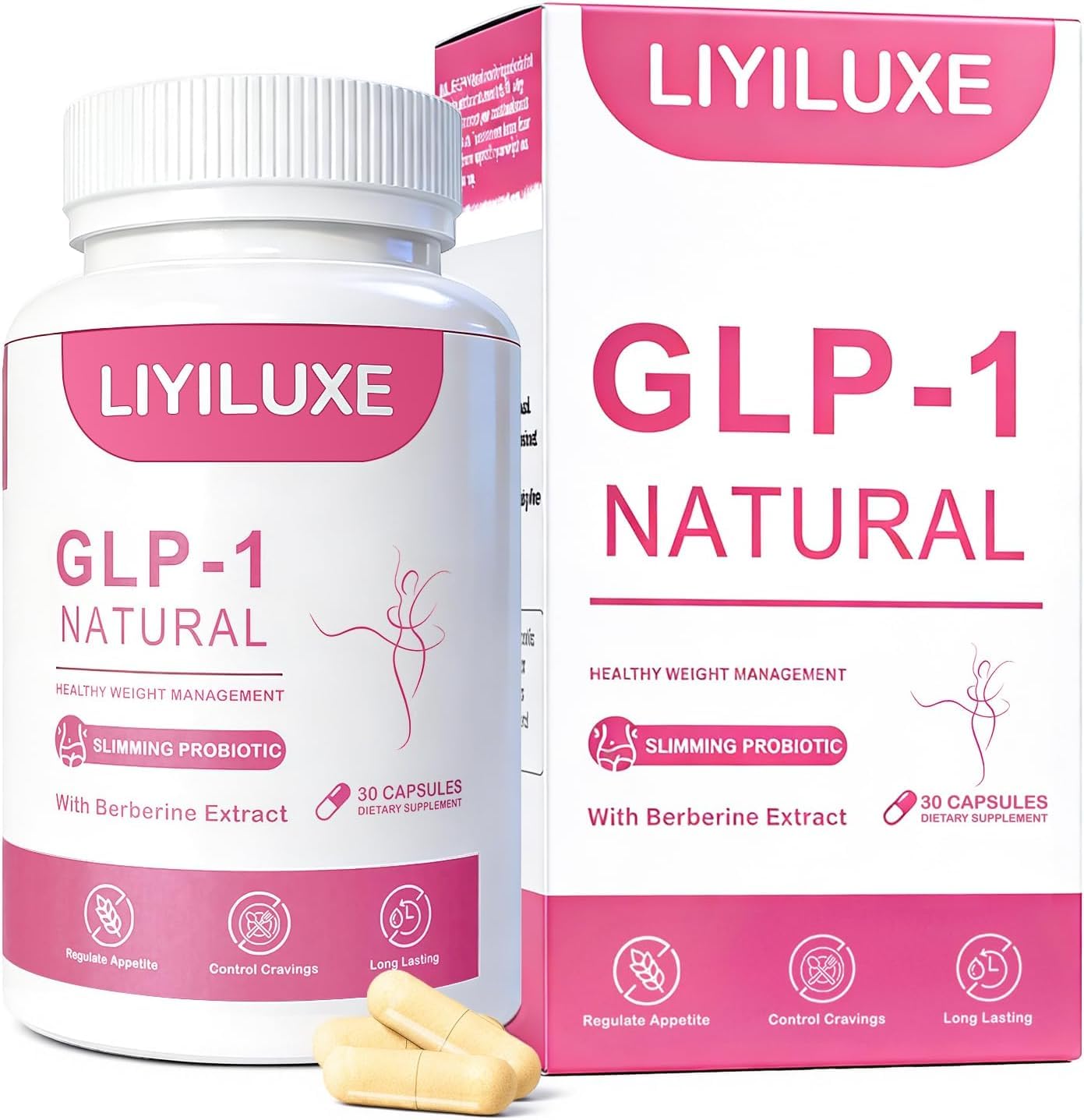 LIYILUXE envase frontal mostrando fórmula GLP-1 y beneficios claros