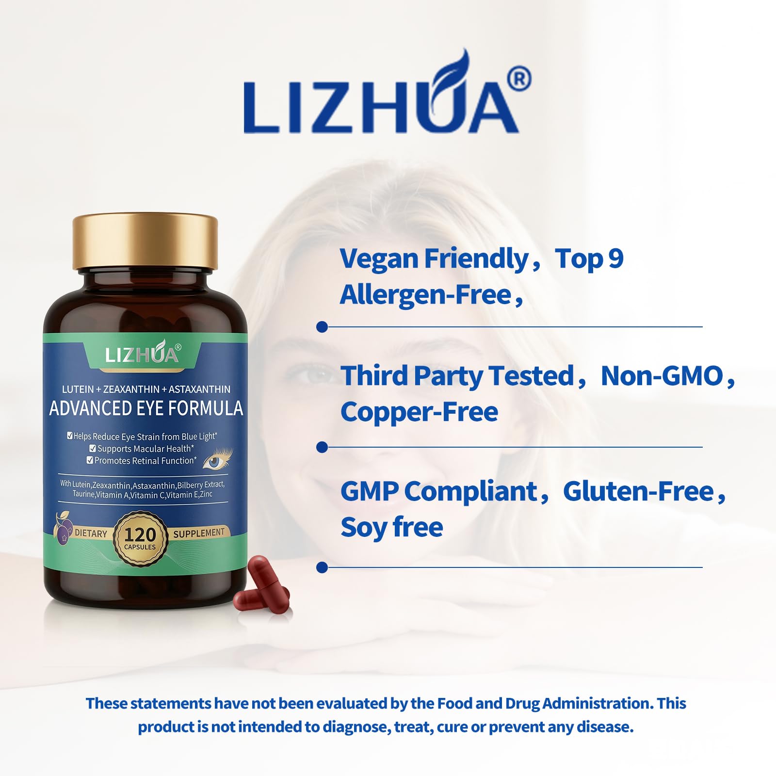LIZHUA etiqueta nutricional destacando luteína, zeaxantina y bilberry