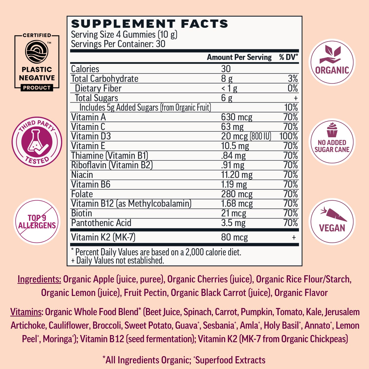 Llama Naturals detalle de ingredientes orgánicos que aportan vitaminas naturales