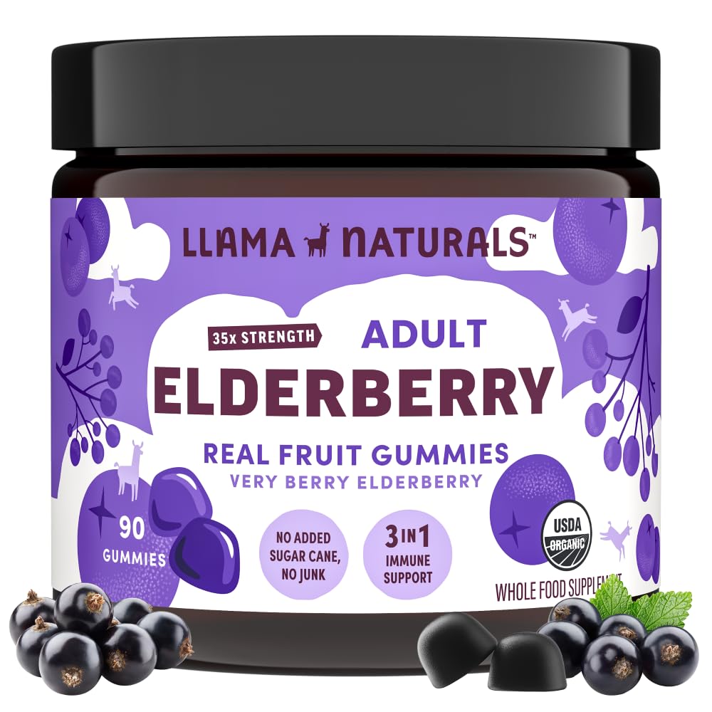 Llama Naturals frasco frontal mostrando 90 gomitas y beneficios orgánicos