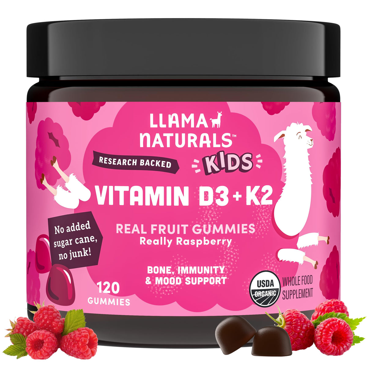 Llama Naturals frente del envase mostrando 120 gomitas y beneficios