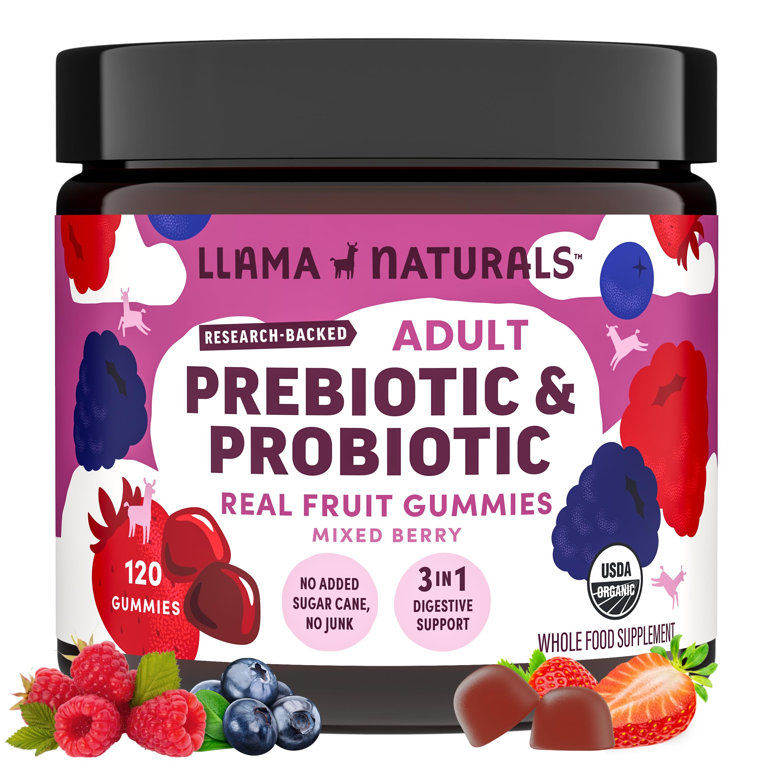 Llama Naturals frente del envase mostrando 120 gomitas - confianza en ingredientes