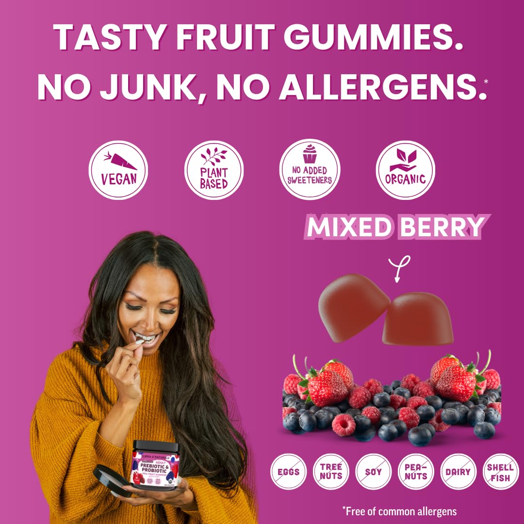 Llama Naturals frutas reales y XOS prebiótico ilustrando ingredientes orgánicos